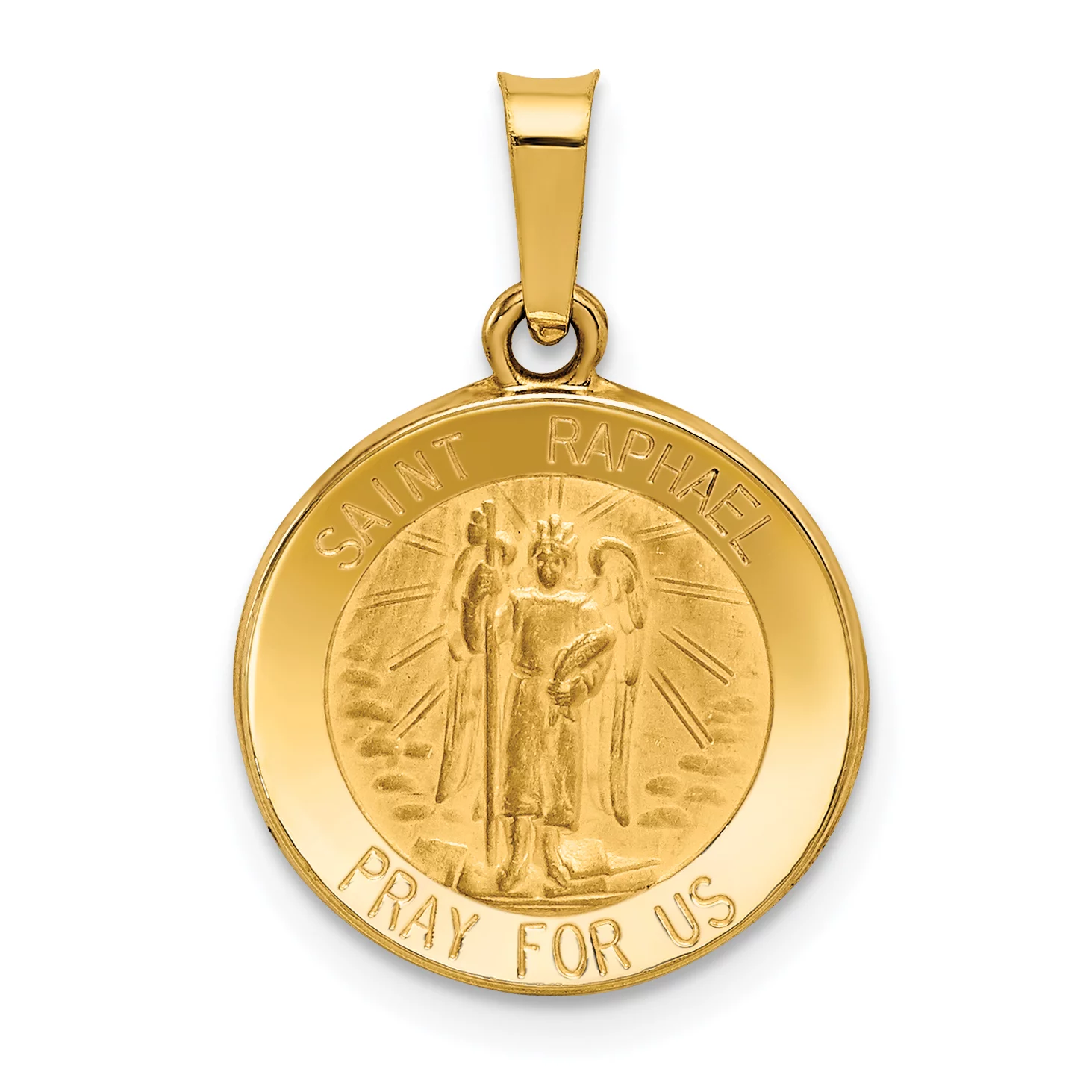 Carat in Karats 14K Yellow Gold Polished And Satin St Raphael Medal Hollow Pendant Charm (18mm x 16mm) With 10K Yellow Gold Lightweight Rope Chain Necklace 20''