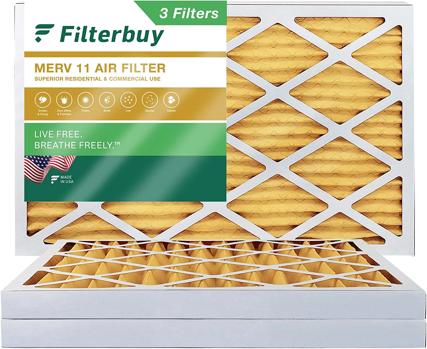 Filterbuy 11.5x21x2 MERV 11 Pleated HVAC AC Furnace Air Filters (3-Pack)