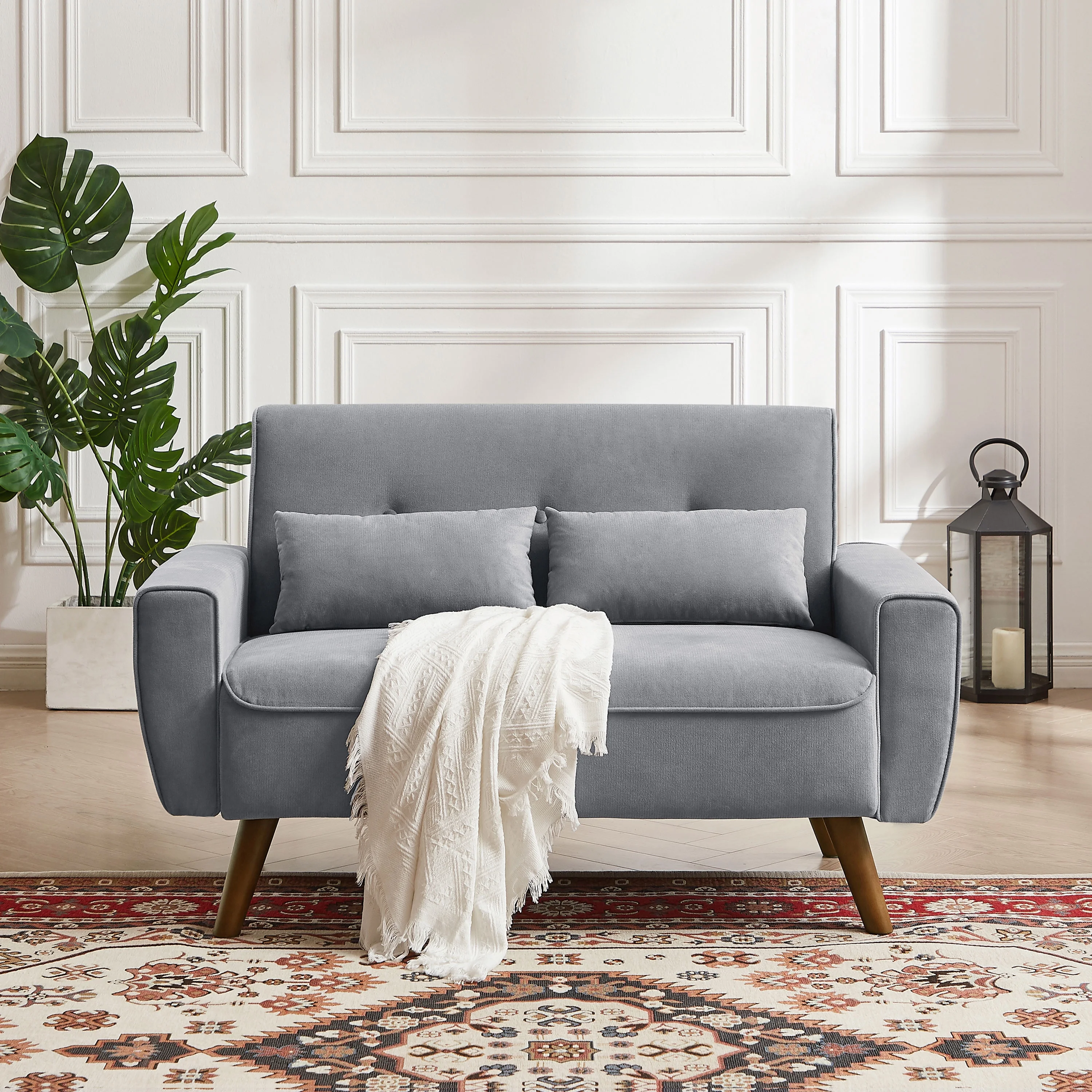 Bloomwhale Loveseat 2-seater Sofa Mid Century Modern Style Love Seat Couch with Throw Pillows and Wooden Legs 2 Seat Sofa for Living Room Bedroom Apartment Office Small Space