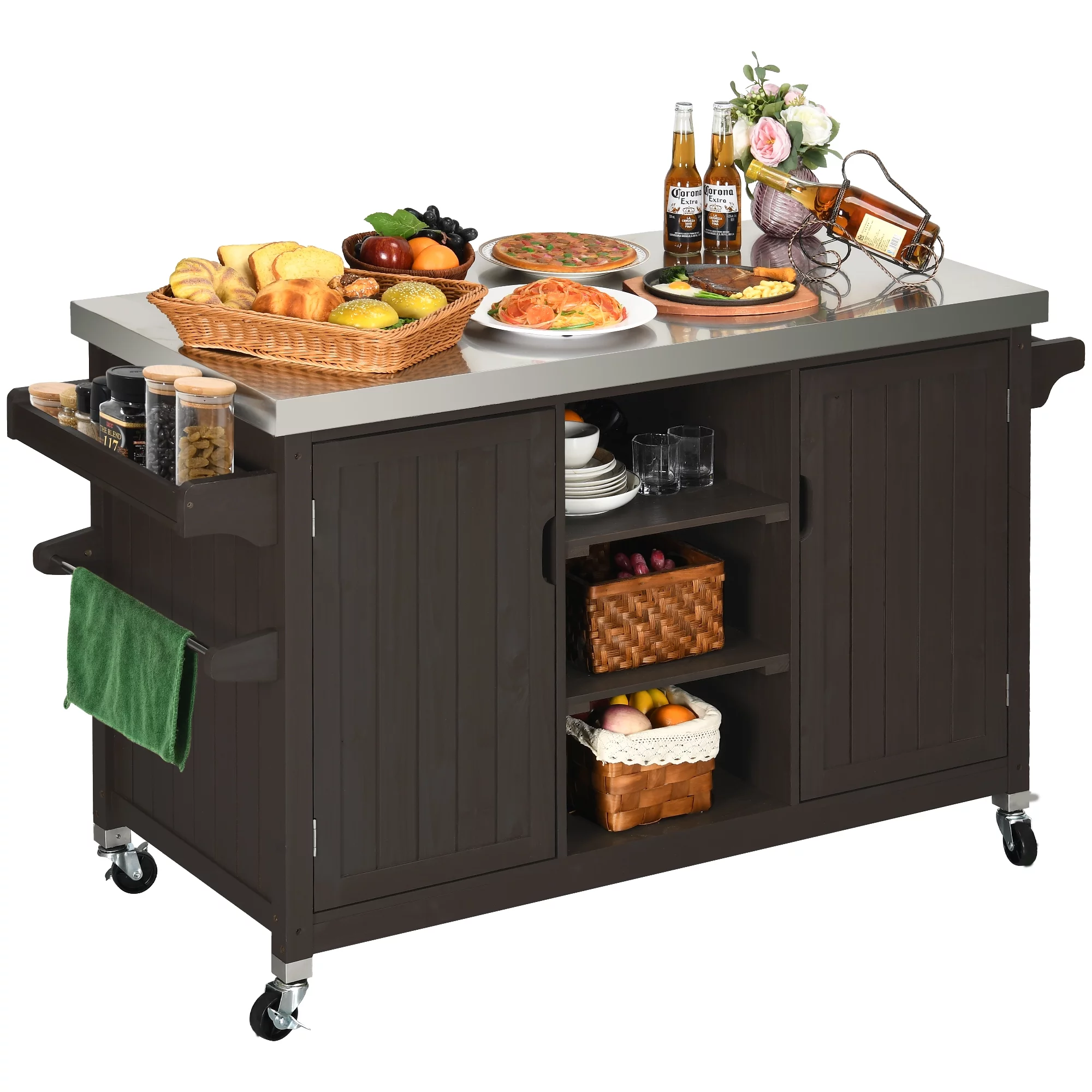 DWVO Outdoor Prep Table Grill Station, Solid Wood Movable Dining Cart Table, Dark Brown