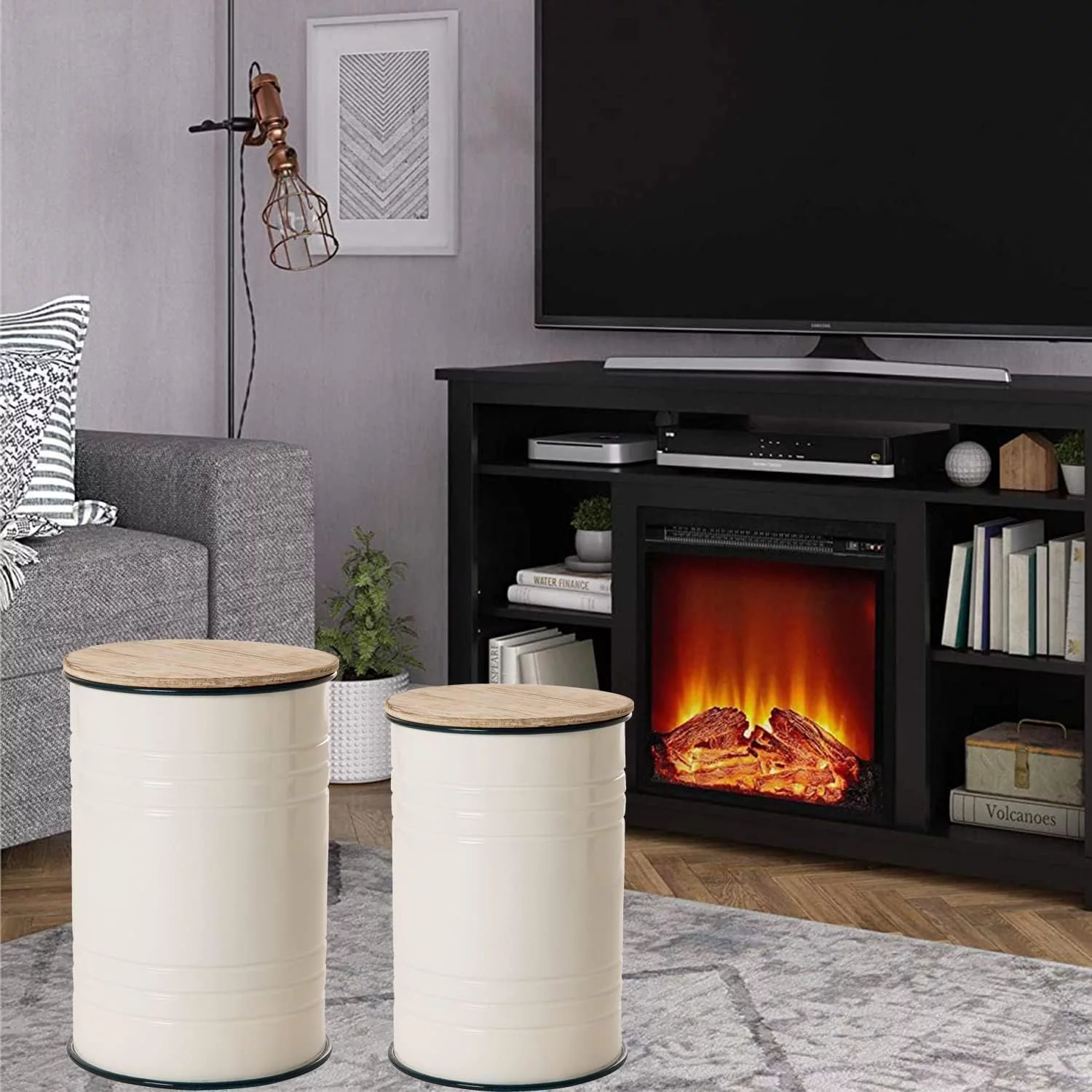 ZWGHLI Rustic End    Farmhouse Galvanized Metal Barrel Ottoman  Stool with Round Wood Lid  Room   Grey