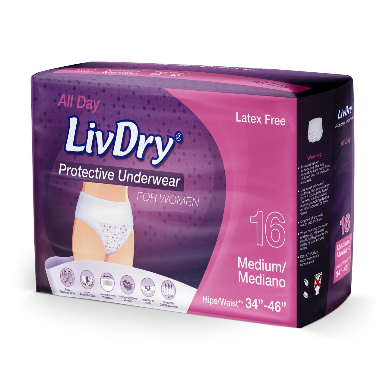 LivDry Womens Adult Incontinence Underwear, Purple Flowers, Super Comfort Absorbency (Medium, 16-Pack)