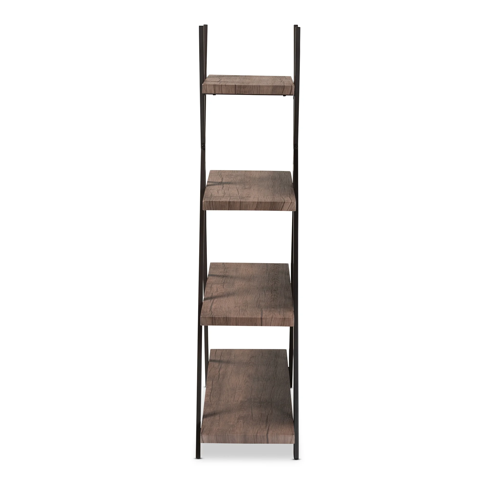 Baxton Studio Fiera Industrial Rustic Walnut Finished Wood and Black Metal 4-Tier Living Room Display Shelf