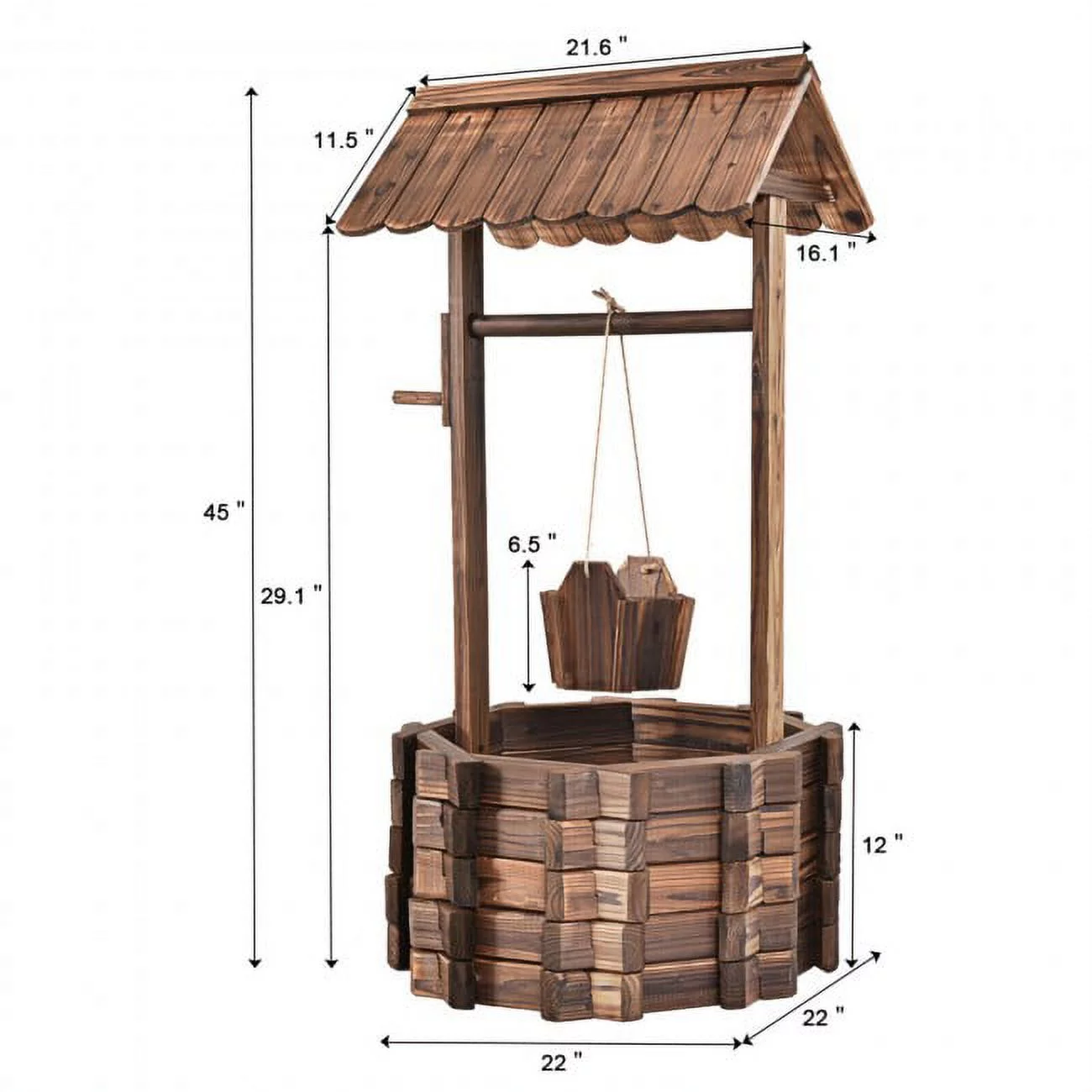 Forclover Outdoor Wooden Wishing Well Planters, Rustic Flower Planter with Adjustable Hanging Bucket , Patio Garden Yard Decor, Brown
