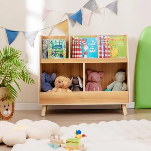 TJUNBOLIFE Toy Organizers and  with Bookshelf  5 Cubbies Wooden Toy Cabinet and Montessori Bookcase with Solid Legs  Freestanding Display Toy  for  Room  Playroom  Bedroom  Nursery