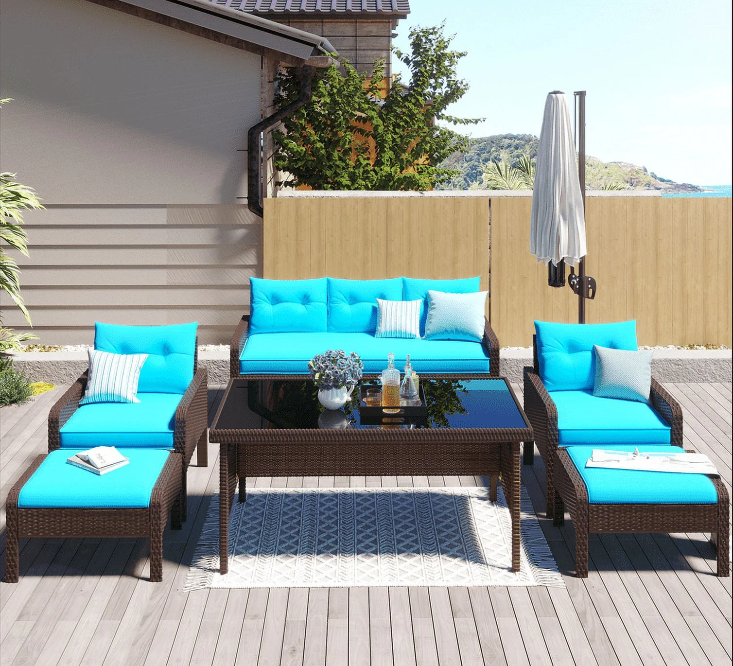 EUROCO 6PCS Rattan Sectional Sofa Set,Outdoor Conversation Set,All-Weather Wicker with 5 Pillows,Removable  Cushions & Tempered Glass  Coffee Table, Furniture Couch Set for Patio Deck Garden Pool