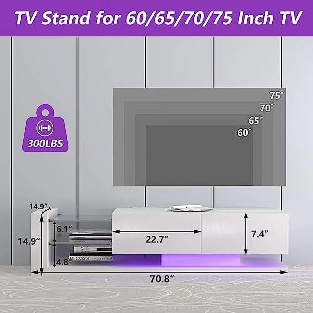 CHYTRE 71 Inch Modern LED TV Stand for 50 55 65 70 75 80 85inch TV  Entertainment Center with Open  and 2  Cabinet  TV Console Media Stand for Living Room  White