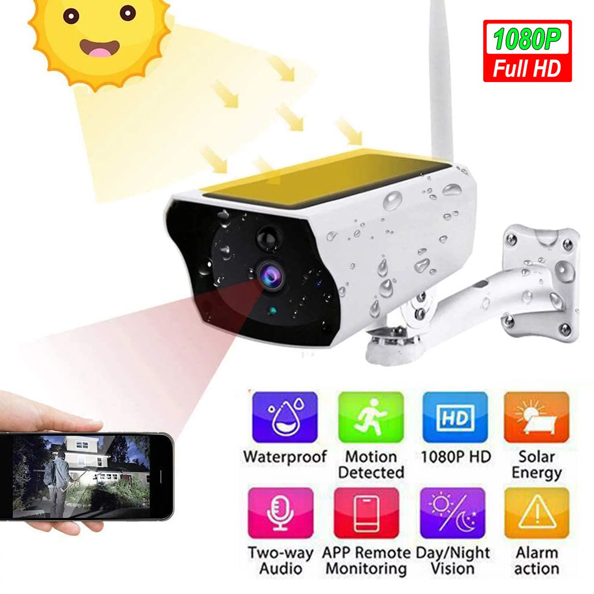 Outdoor Solar Powered Security Camera Wireless Wi-Fi IP Camera 1080P HD IP66 Waterproof Night Vision Two Way Audio PTZ Motion Detection Alert Home Security Surveillance Camera