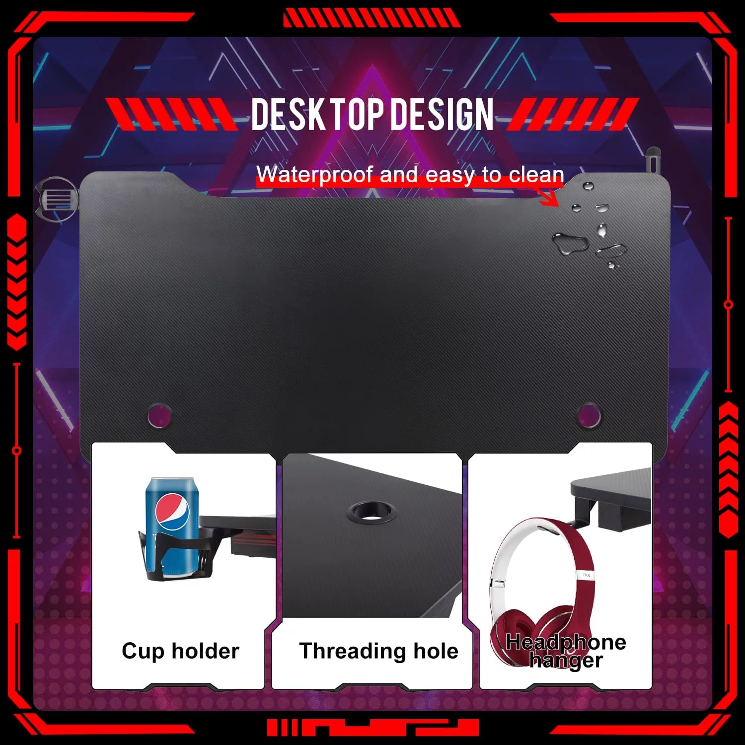 Gaming Computer Desk Home Office Desk Extra Large Modern Ergonomic Black PC Carbon Fiber Writing Desk Table with Cup Holder Headphone Hook