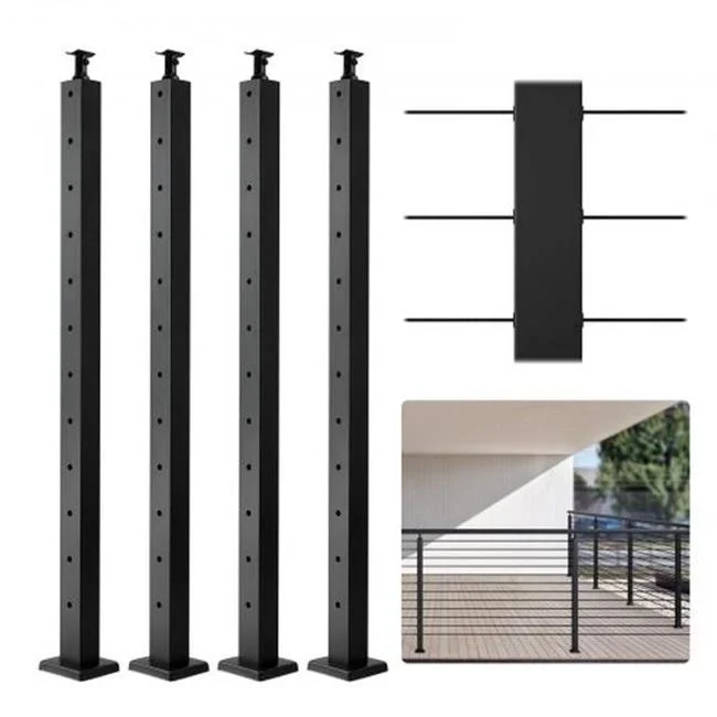Vevor  42 x 2 x 2 in. 12 Pre-Drilled Hole Cable Railing Post with Steel Horizontal Hole Deck, Black - Pack of 4