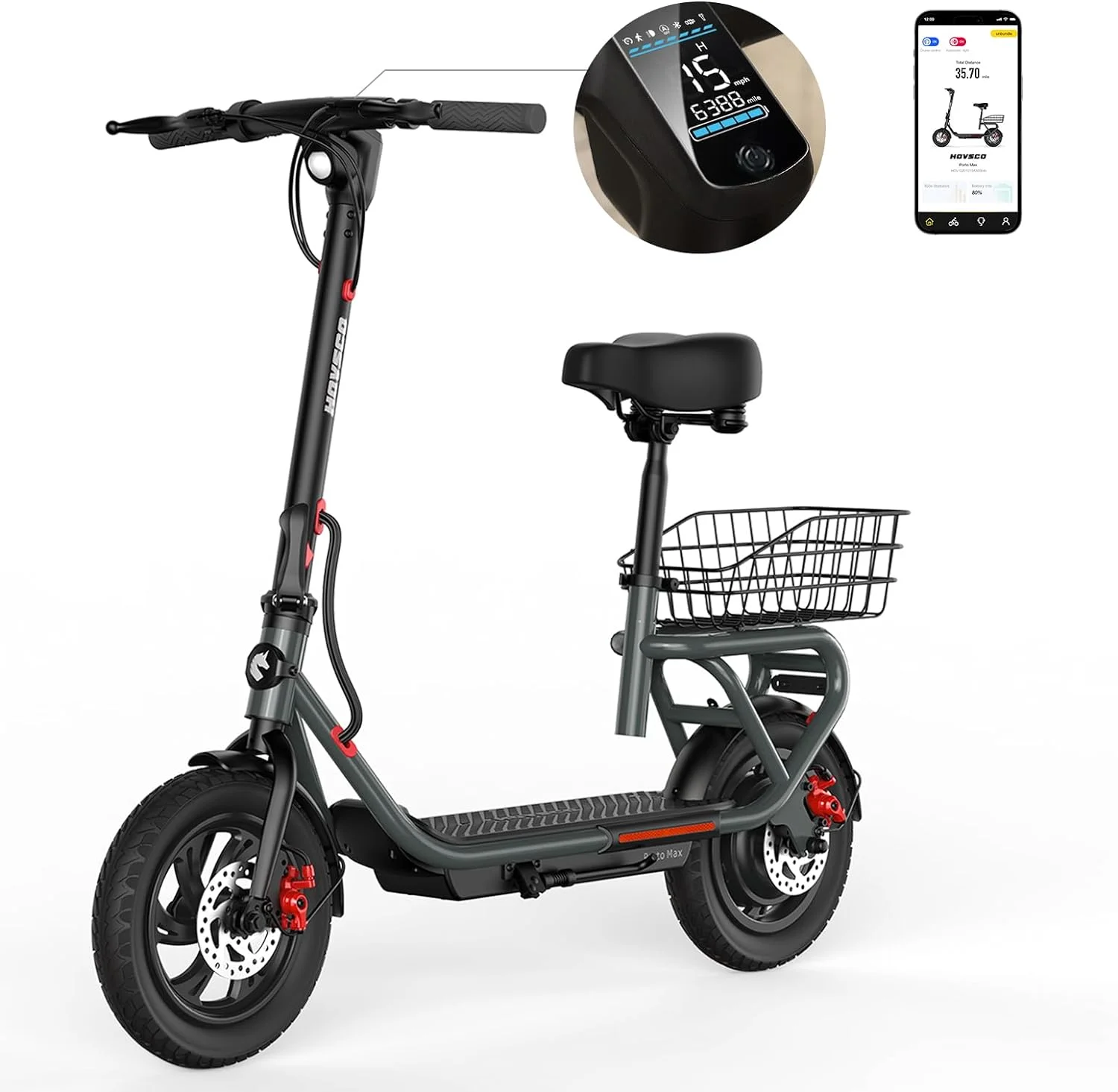 HOVSCO Porto Max Electric Scooter with Seat, 350W Motor, Max 16MPH & Max 35 Mile Long Range, 12