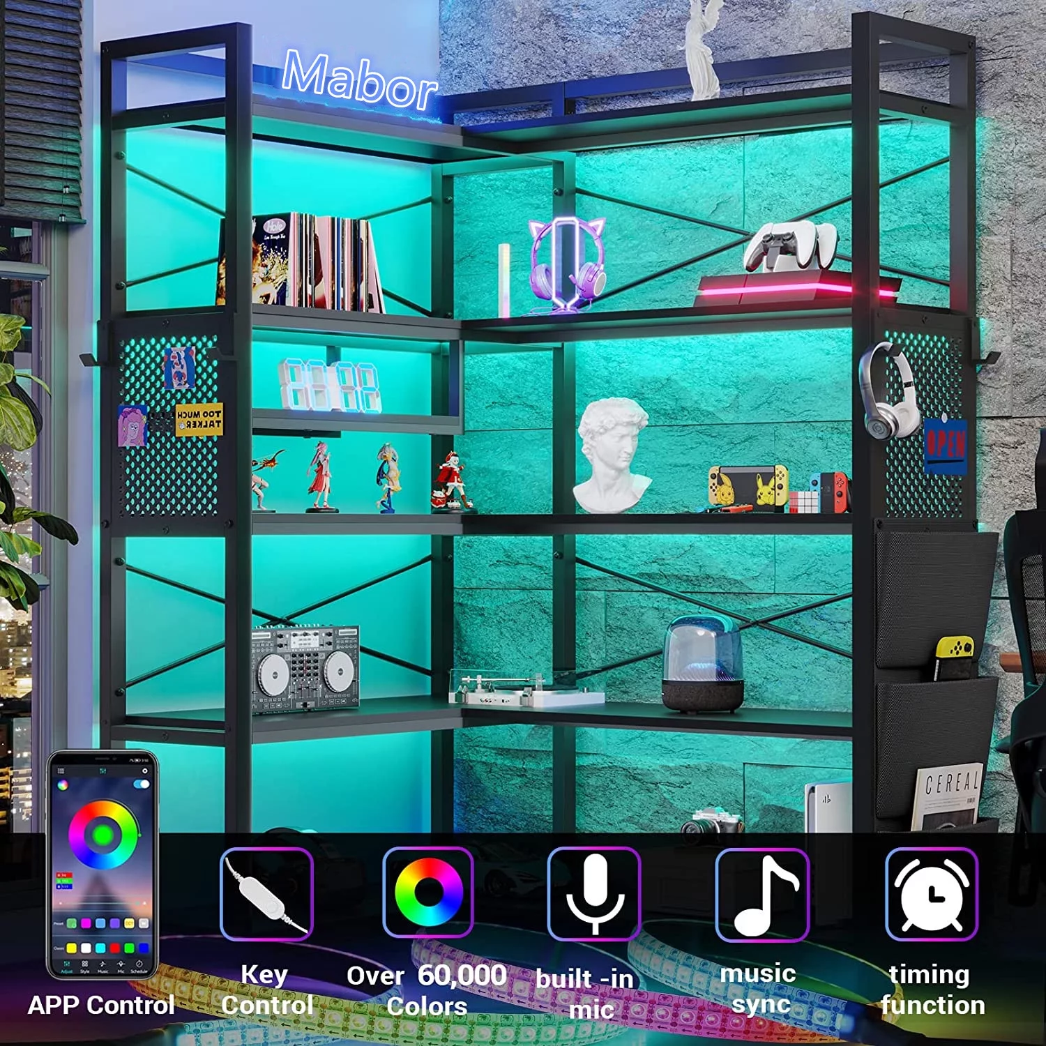 Black Bookcase and Bookshelf with LED Lights,5-Tier Reversible Corner Storage Bookcase with Metal Frame&Storage Bag for Living Room