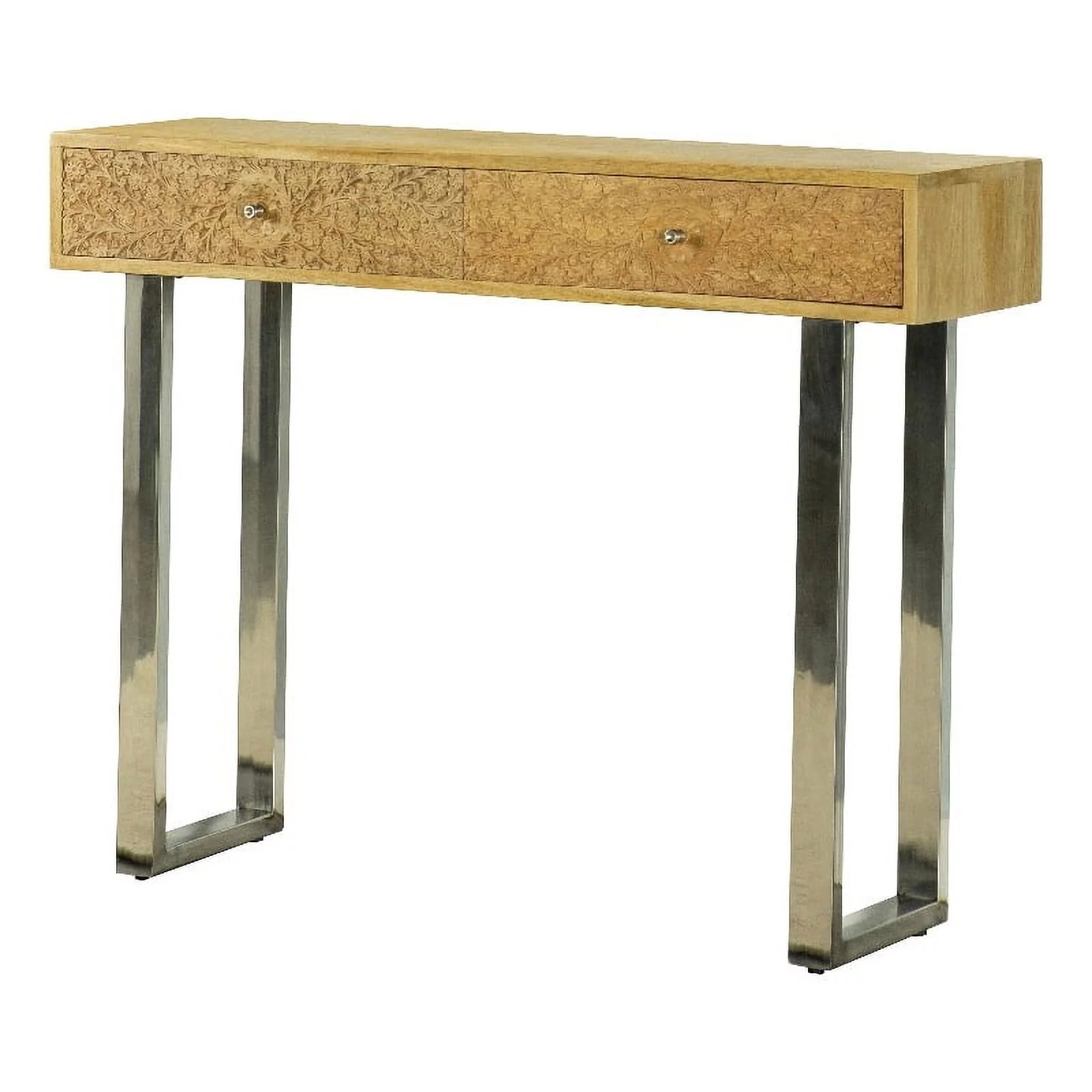 Maklaine Contemporary Wood Console Table with Hand Carved Drawers in Natural