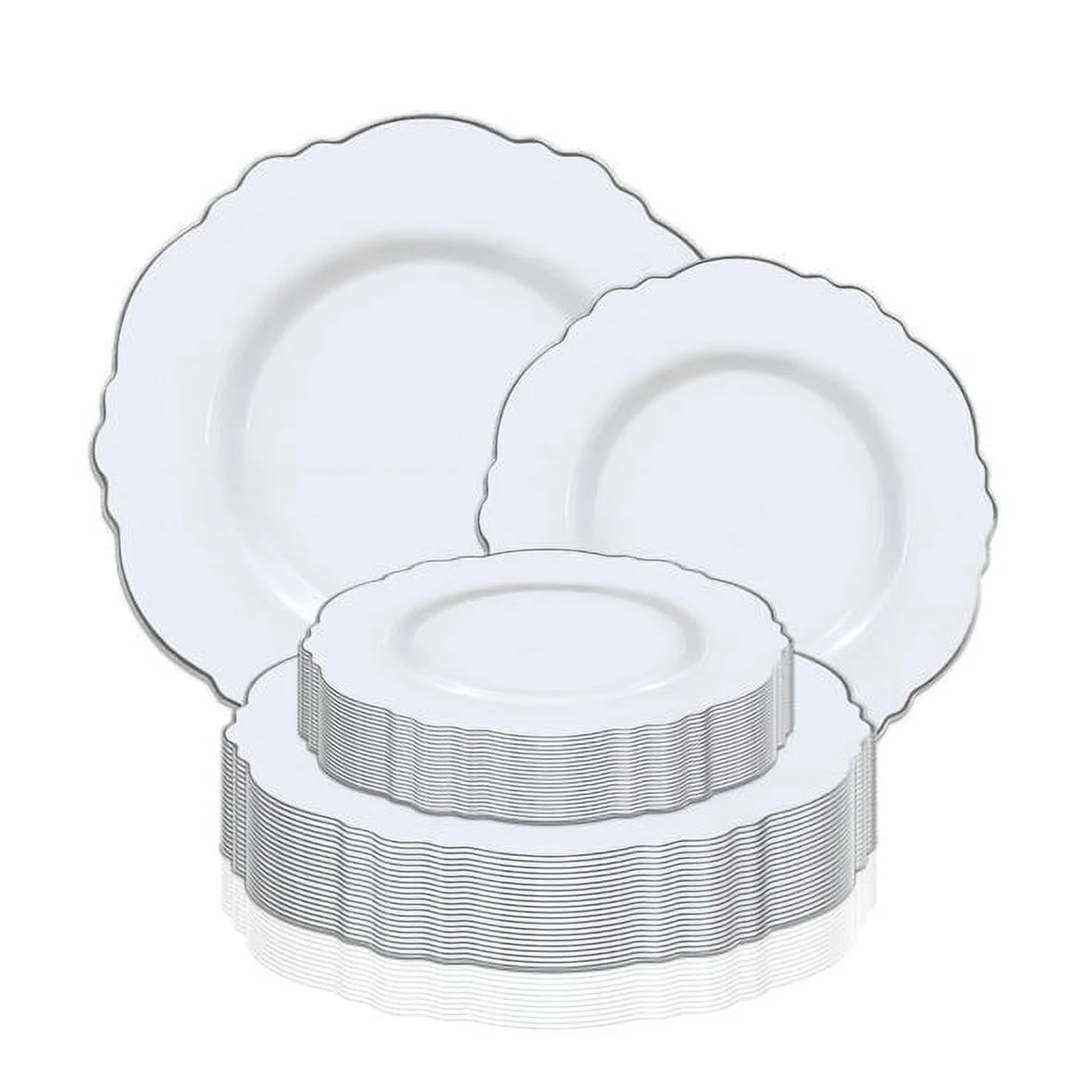 Smarty White with Silver Rim Round Blossom Disposable Plastic Dinnerware Value Set 240ct