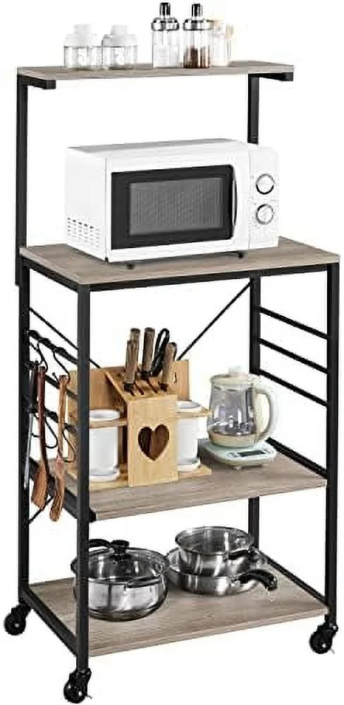 JYHOME 50'' Height Metal Frame Bakers Rack for Kitchens with   and Side Hooks on Wheels  Utility  Rack and  Microwave Oven Stand Cart 4 Tiers with Adjustable Feet  Gray