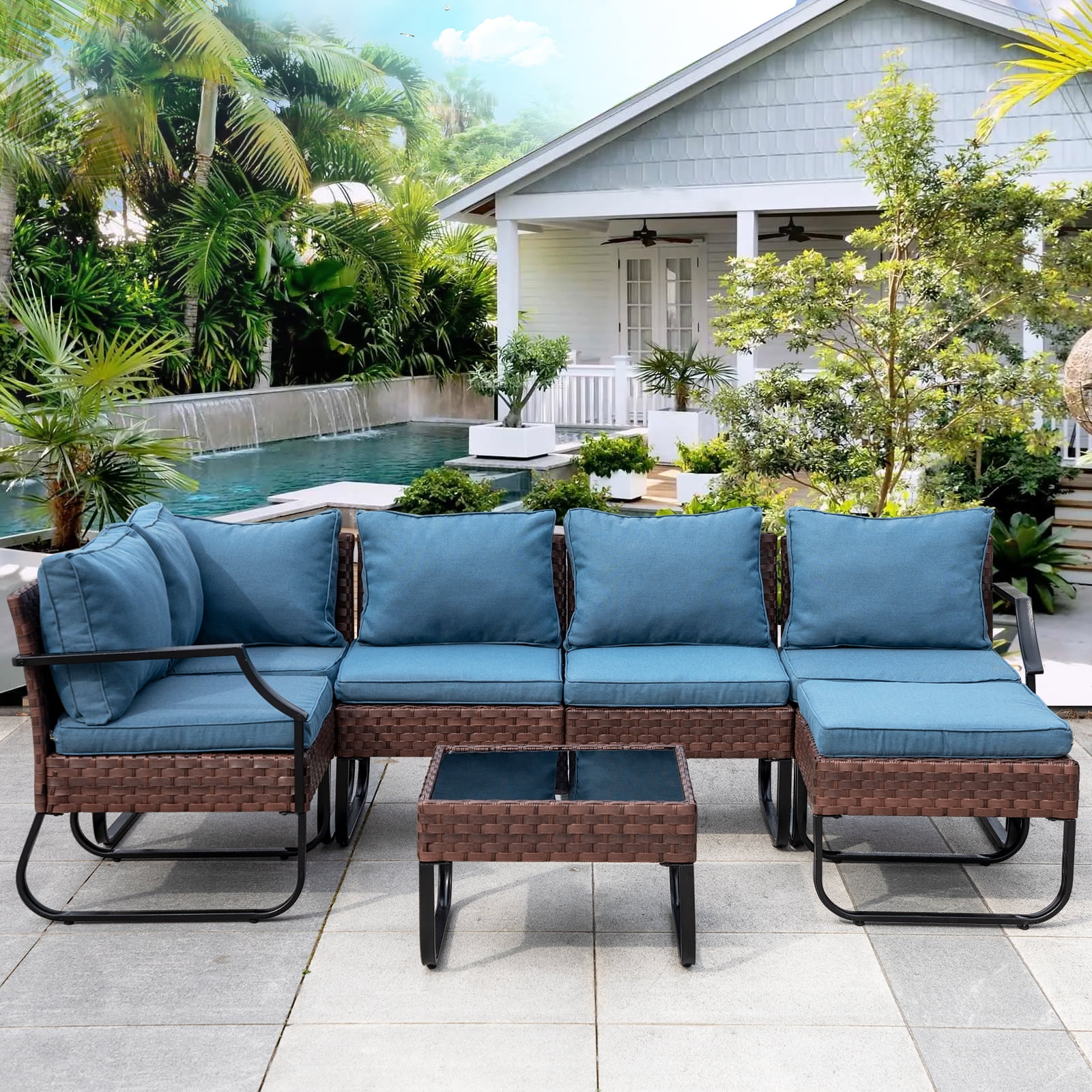 Eclife 7 Pieces Rattan Wicker Patio Conversation Sets Outdoor Metal Patio Furniture All-Weather Sectional Sofa with Ottoman Tempered Glass Coffee Table, Thick Cushions, Blue
