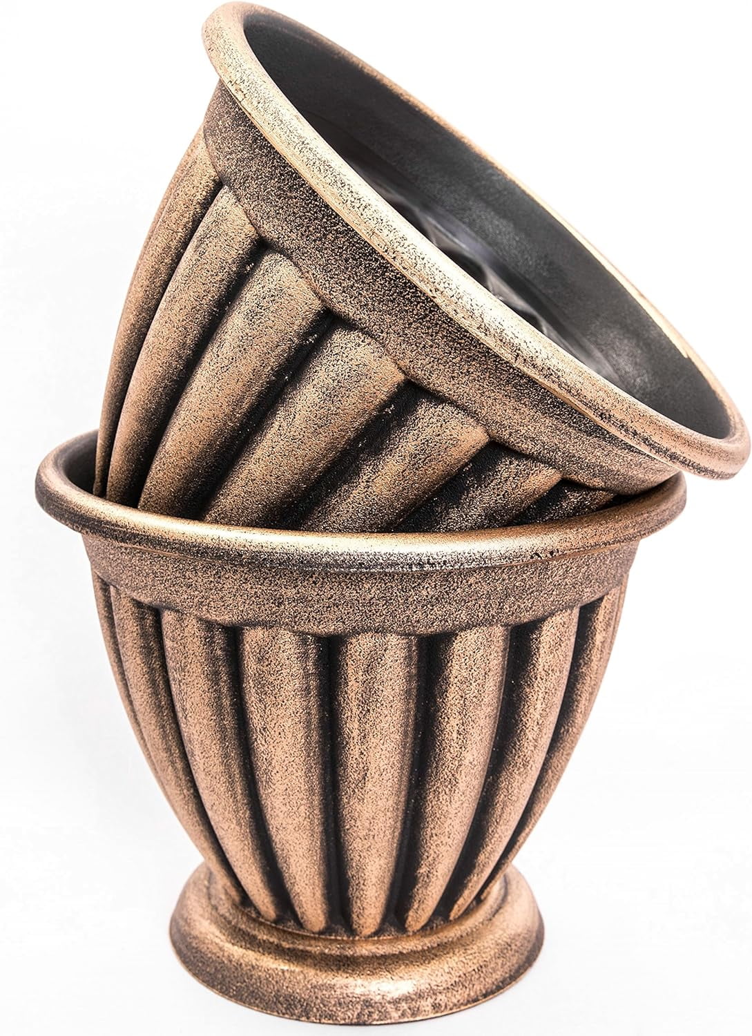 Set Of 2 Large Combination Rustic Look Heavy Duty Plastic Planter 14X11 Inches With Base, Flowerpot Nursery For Garden Patio Office Ornaments Home Decor Long Lasting Reusable Light Weight (Gold-C)