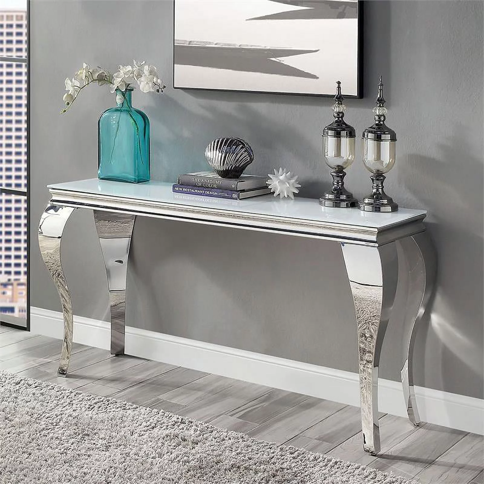 Furniture of America Alang Glam Glass Top Sofa Table in White and Silver