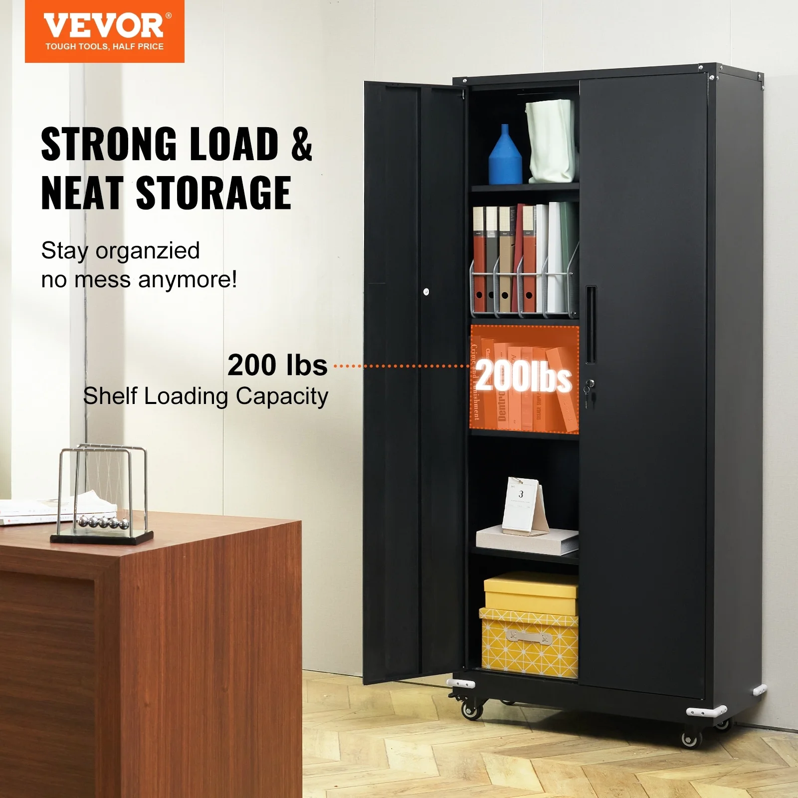 VEVOR Metal Storage Cabinet Garage Storage Cabinet Adjustable Shelves 75''+Wheels - Black
