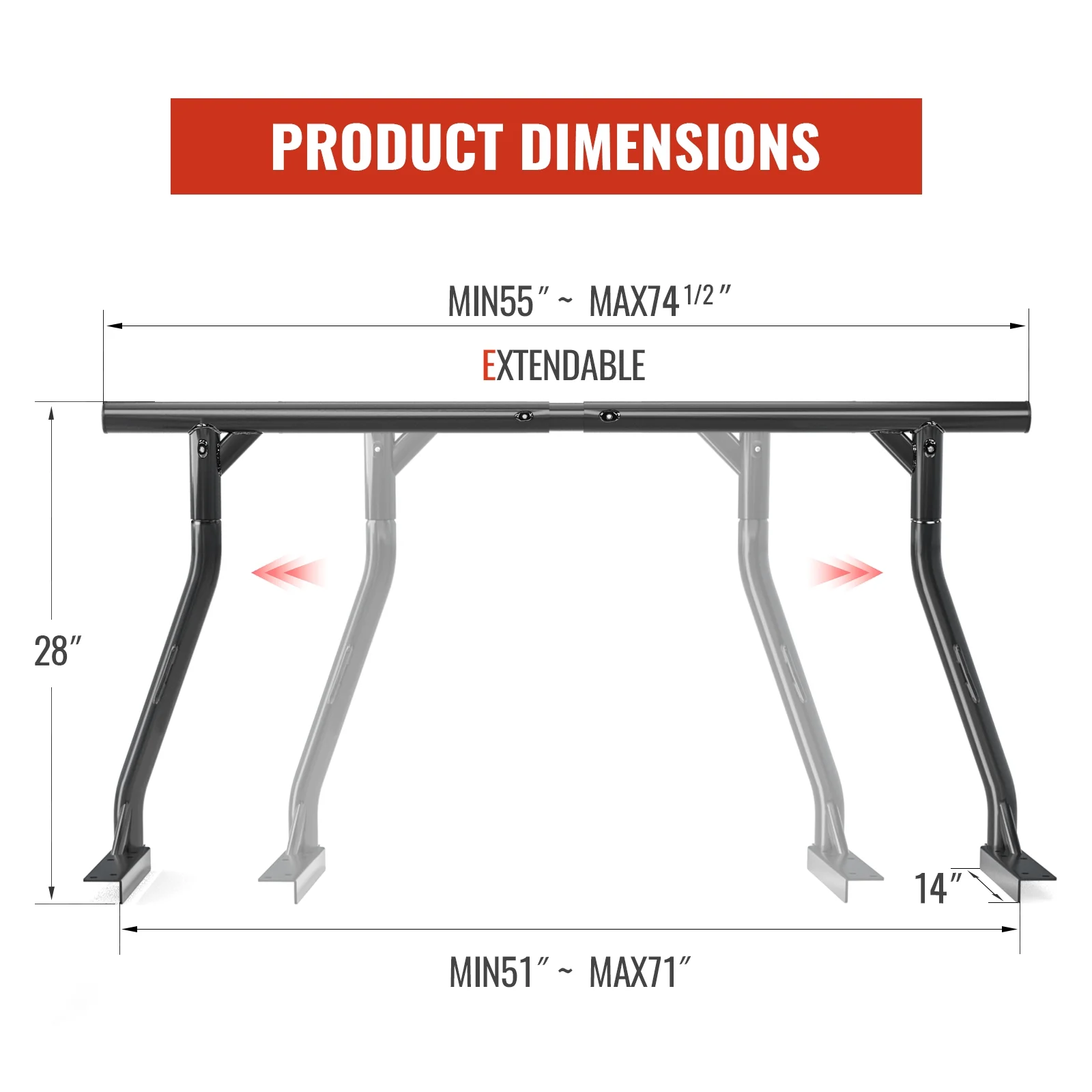 AA-Racks Model X3502 800Ibs Capacity Extendable Steel Pick-Up Truck Ladder Rack Two-bar Set - Matte Black