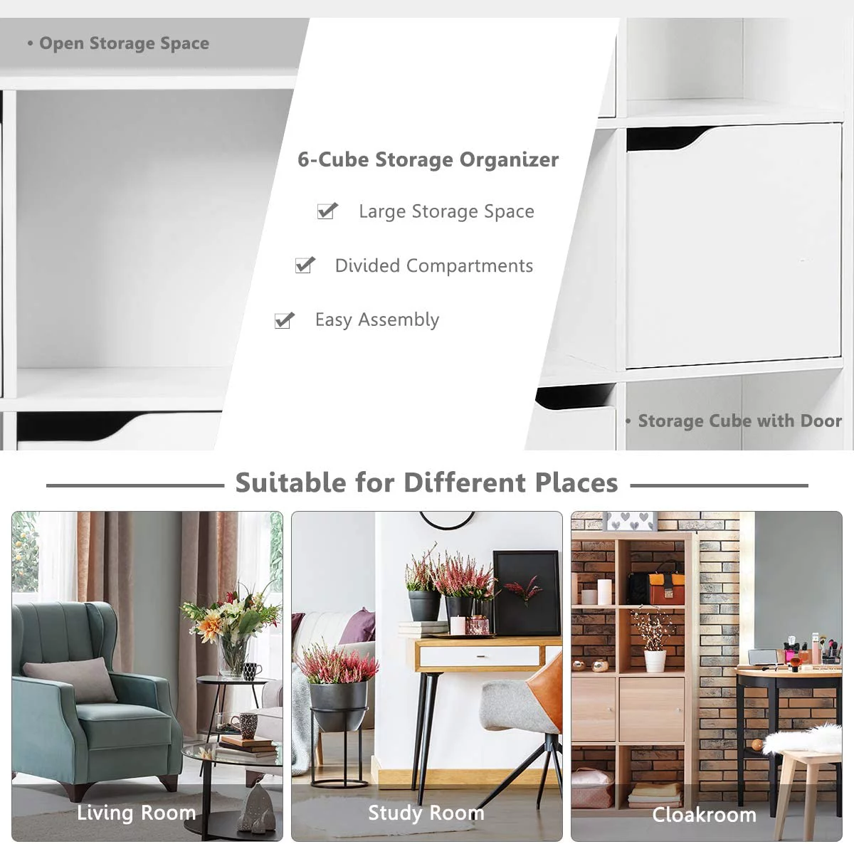 9-Cube Storage Organizer, Storage Cabinet with 4 Open Cubes and 5 Cabinets, Free Standing Wooden Cubby Bookcase, Compartment Units for Home Office, 3-Tier Bookshelf for Books, Toys