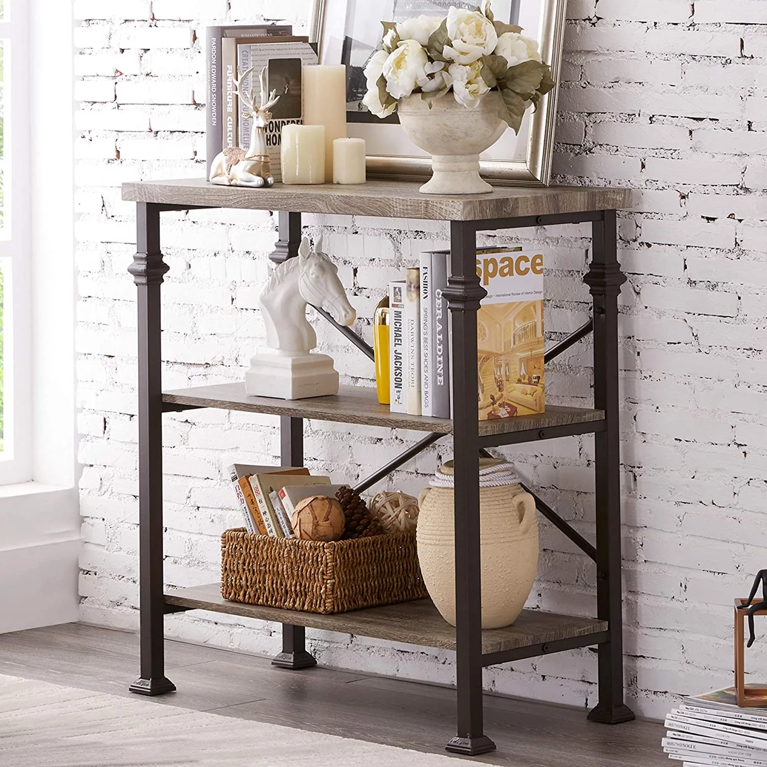 3-Tier Bookshelf, Rustic Industrial Style Bookcase Furniture, Free Standing Storage Shelves for Living Room Bedroom and Kitchen, Grey Oak