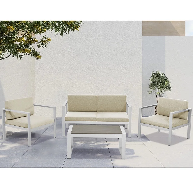 4 Piece Aluminum Patio Outdoor Sofa Set With Cushions, Coffee Table, Loveseat And 2 Single Sofas,Beige
