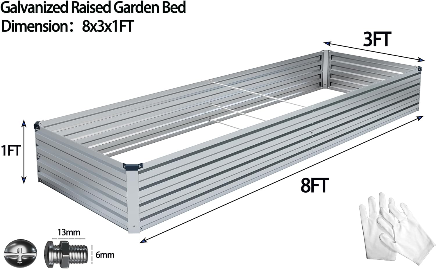 2pcs 8x3x1FT Galvanized Raised Garden Bed-Outdoor Planter Box for Vegetables,Metal Garden Bed with Corner,Planter Raised Bed,Silver