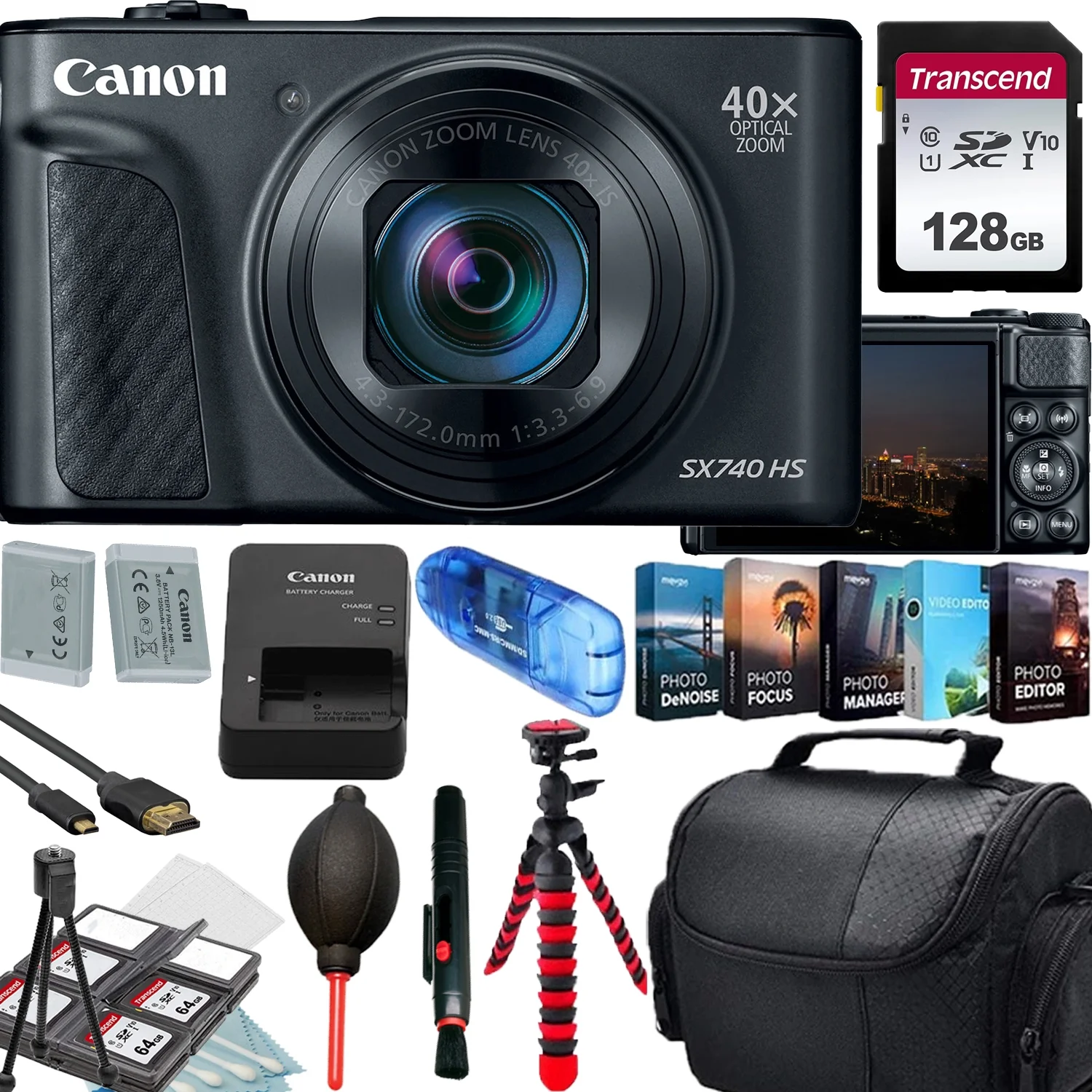 Canon PowerShot SX740 HS Digital Camera (Black)+128GB Transcend Memory Card+Camera Shoulder Bag+Flex SpiderTripod+Deluxe Accessory Bundle