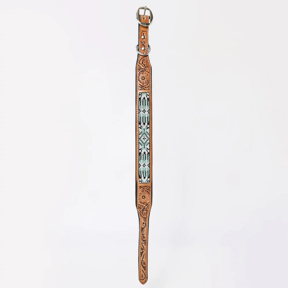 Hilason Beaded Hand Tooled Strong Genuine Leather Dog Collar Black/Tan Small