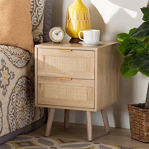 Mid-Century Modern Light Oak Brown Finished Wood and Rattan 2-Drawer Nightstand