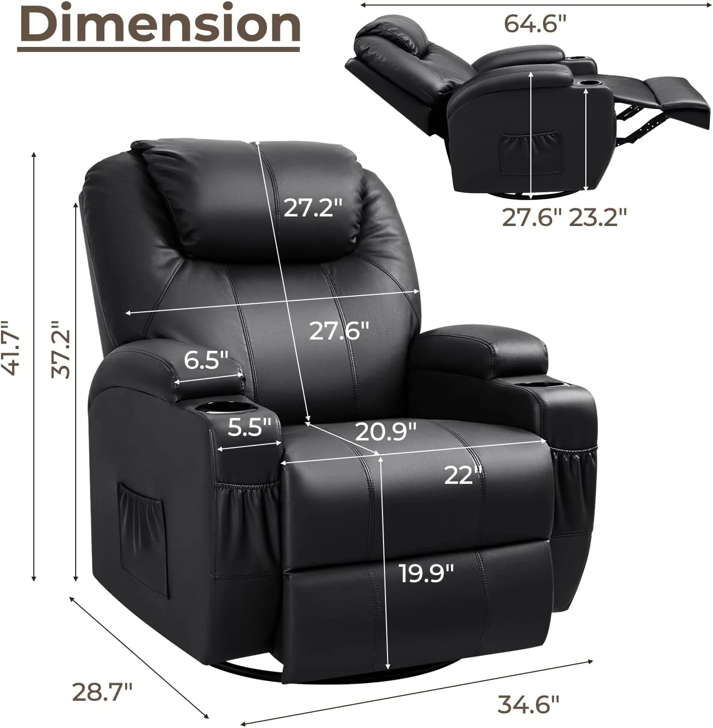 Rocker Recliner Chair With Massage And Heat For Elderly, Leather Adjustable 360°Swivel Rocking Sofa For Living Room With Control, Cup Holders (Black)