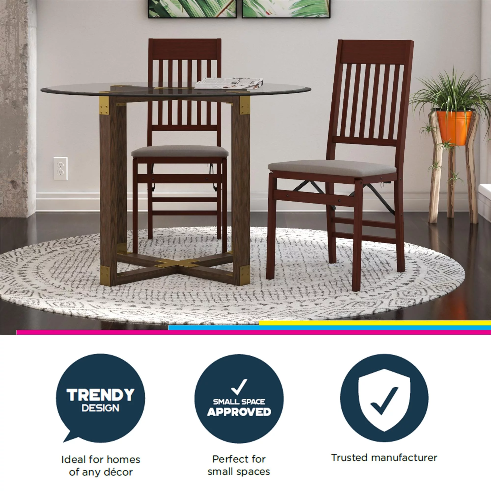 Queer Eye Oliver Mission Back Wood Folding Chair with Fabric Seat, Walnut Brown, 2-Pack