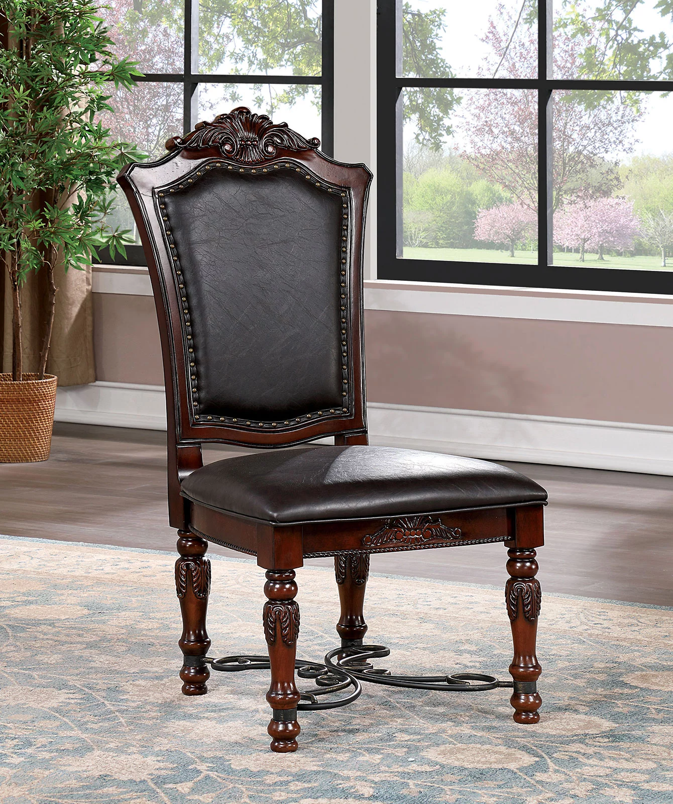 CoSoTower Majestic Traditional Set of 2pcs Side Chairs Brown Cherry Solid wood Faux Wood Carved Details Black Leatherette Seats Formal Dining Room Furniture