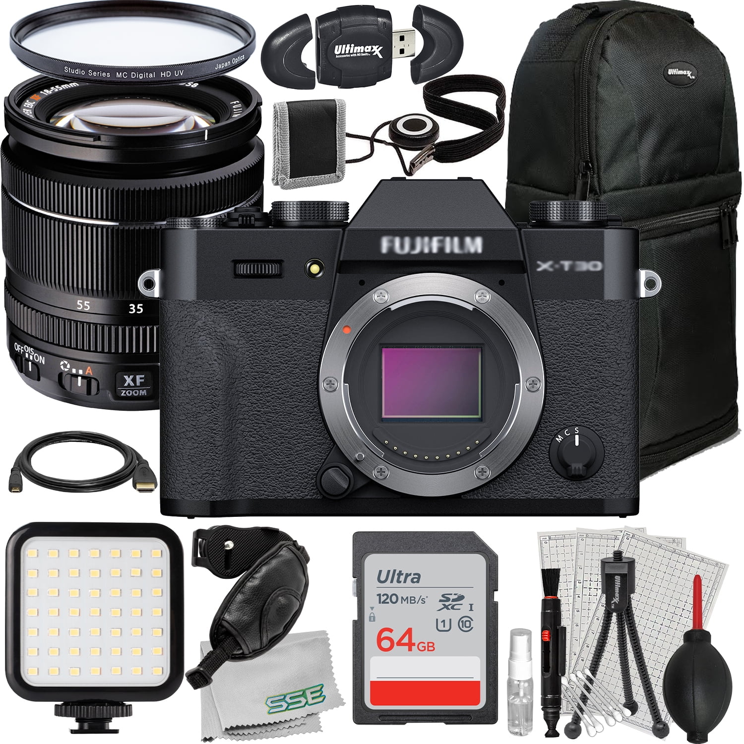 Ultimaxx Starter FUJIFILM X-T30 II Mirrorless Camera with 18-55mm Lens Bundle (Black) - Includes: 64GB Ultra SDXC, Sling Backpack & More (27pc Bundle)