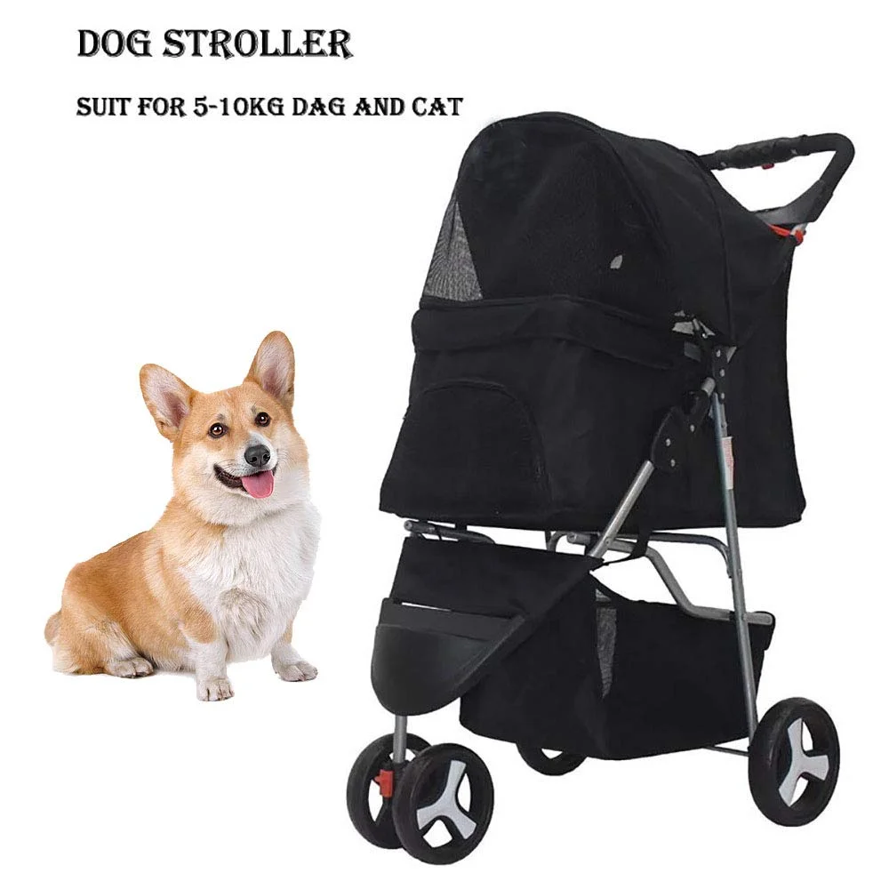 Foldable Pet Dog Stroller, 3 Wheels Pet Stroller With Weather Cover & Storage Basket Travel Folding For Dog And Cat (Black)