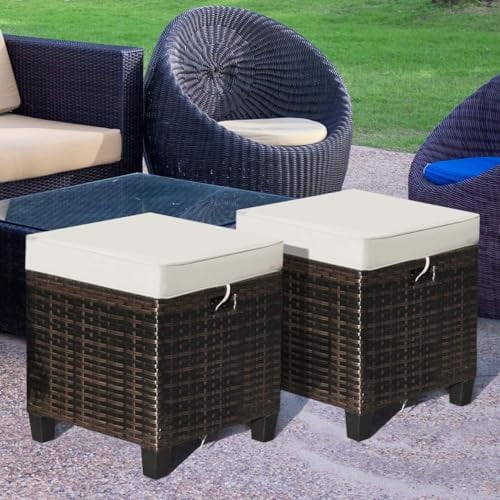 CHNBVC 2 Piece Patio Wicker Ottomans  2 in 1 Outdoor PE Rattan  & Footstool Foot  with Cushions for Couch  Chair  Navy Blue