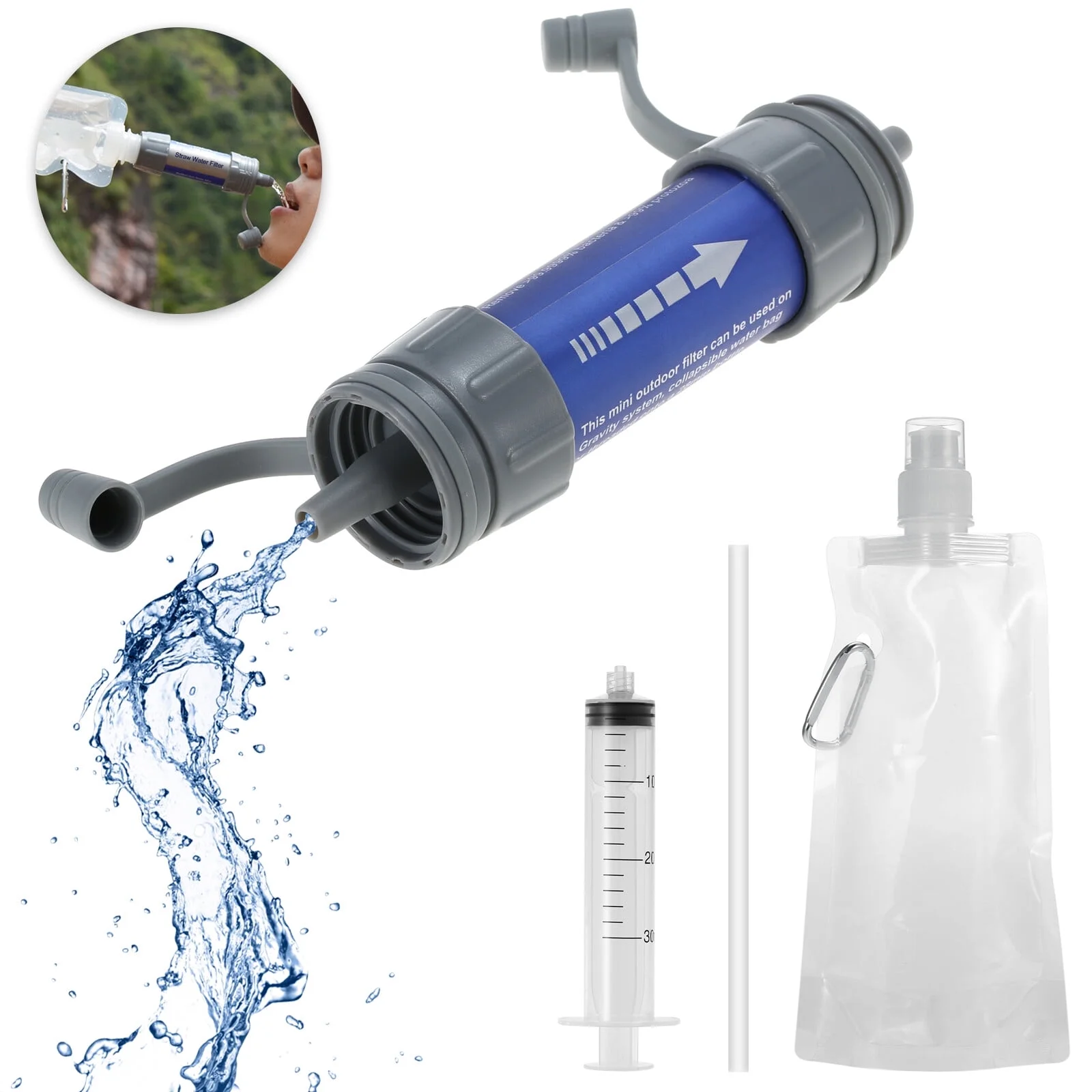 Outdoor Water Filtration System Water Filter Straw Purifier with Drinking Pouch for Emergency Preparedness Camping Traveling Backpacking