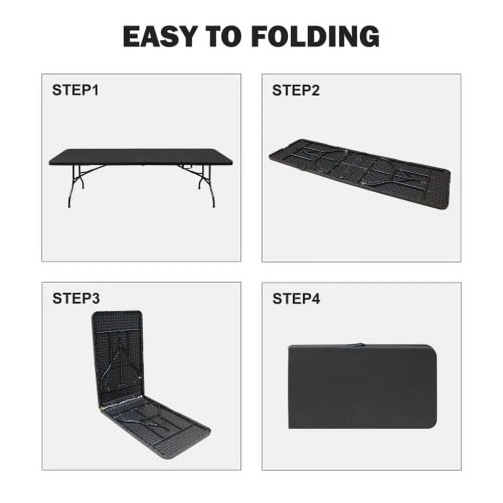 Zateety 8ft Folding Table, Portable Plastic Table for Camping, Picnics, Parties, High Load Bearing Foldable Table Black