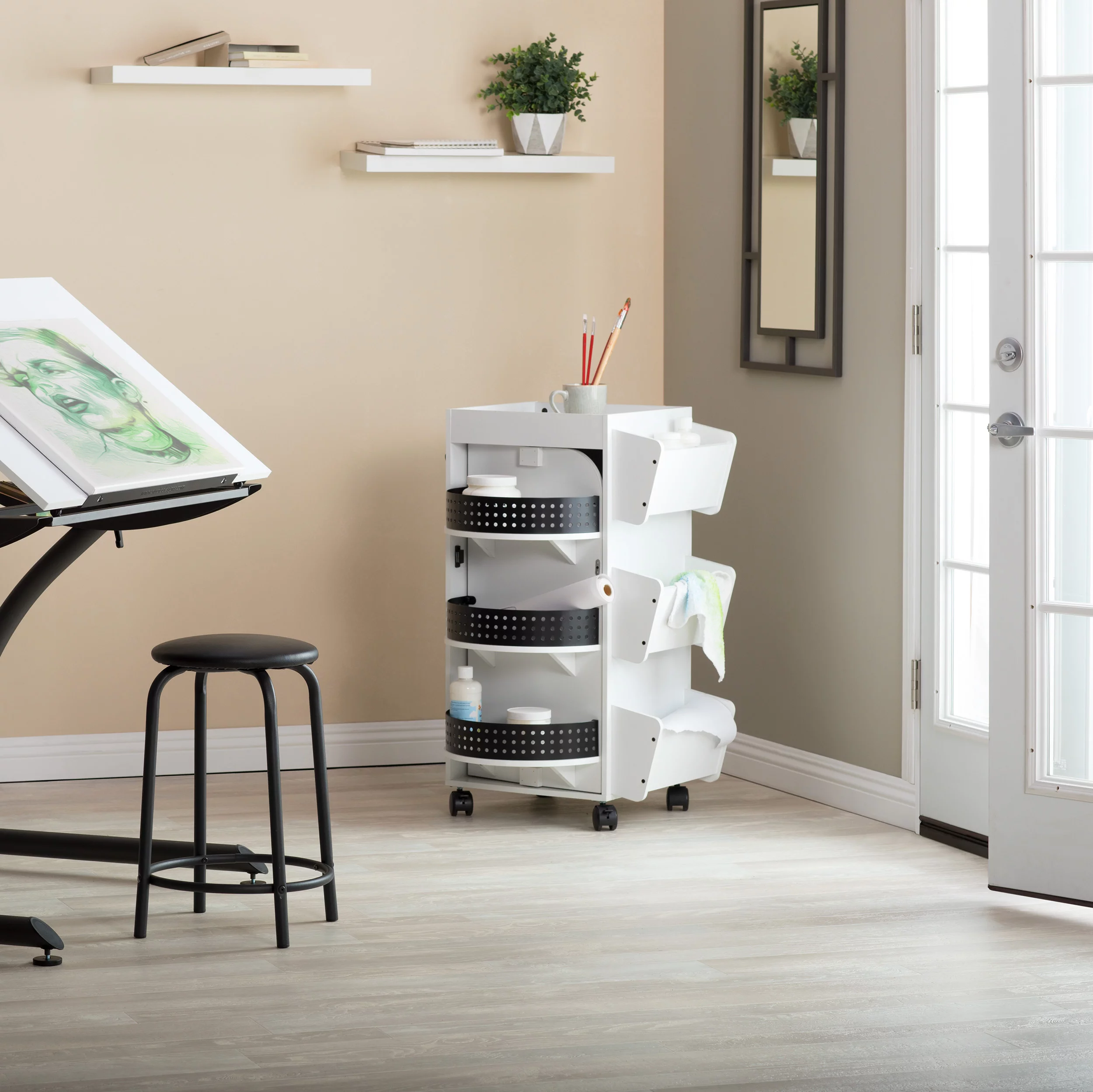 Studio Designs Wood Swivel Organizer Cart in White and Black