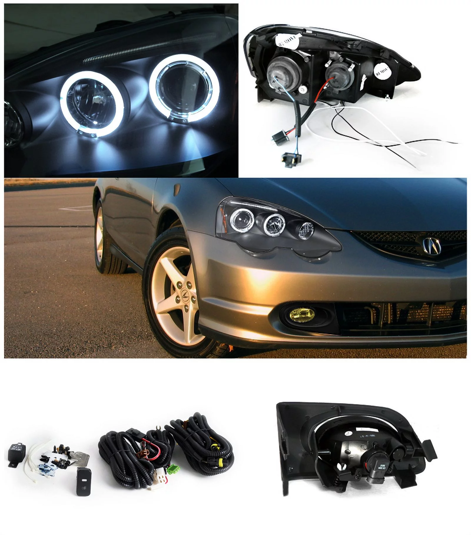 Spec-D Tuning Jdm Halo Black Projector Headlights + Yellow Driving Fog Lamps Compatible with 2002-2004 Acura RSX Left + Right Pair Headlamps Assembly