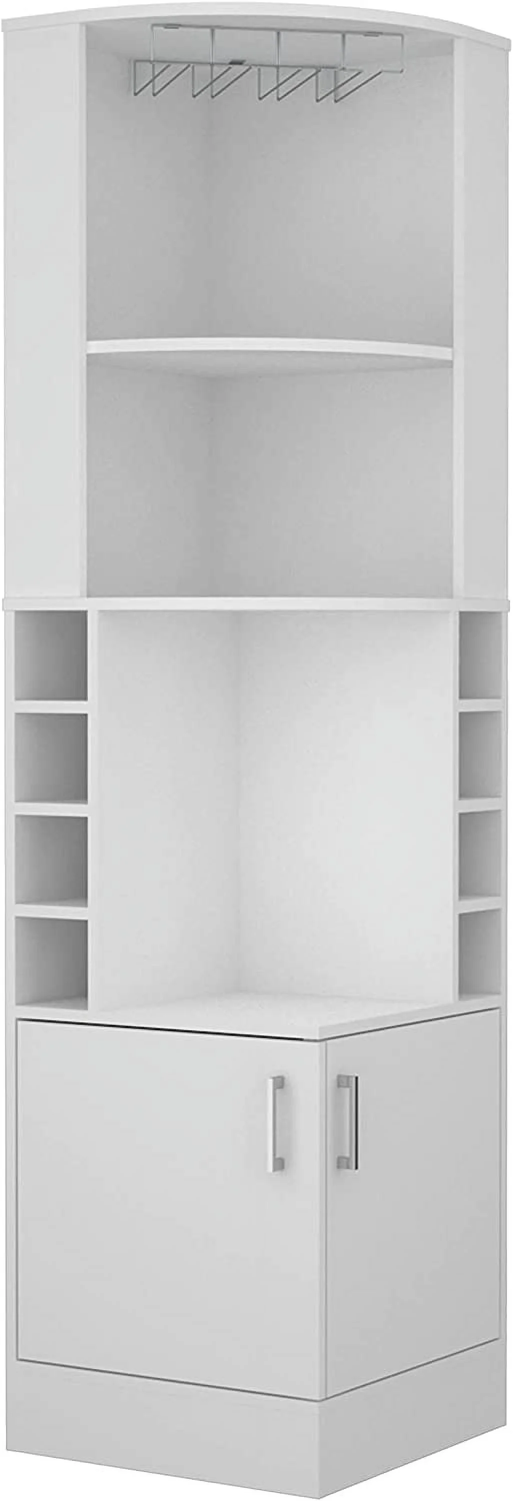 Egina Corner Bar Cabinet With 2 Open Shelves, 2 Doors, 8 Wine Cubbies, And Glass Rack, White