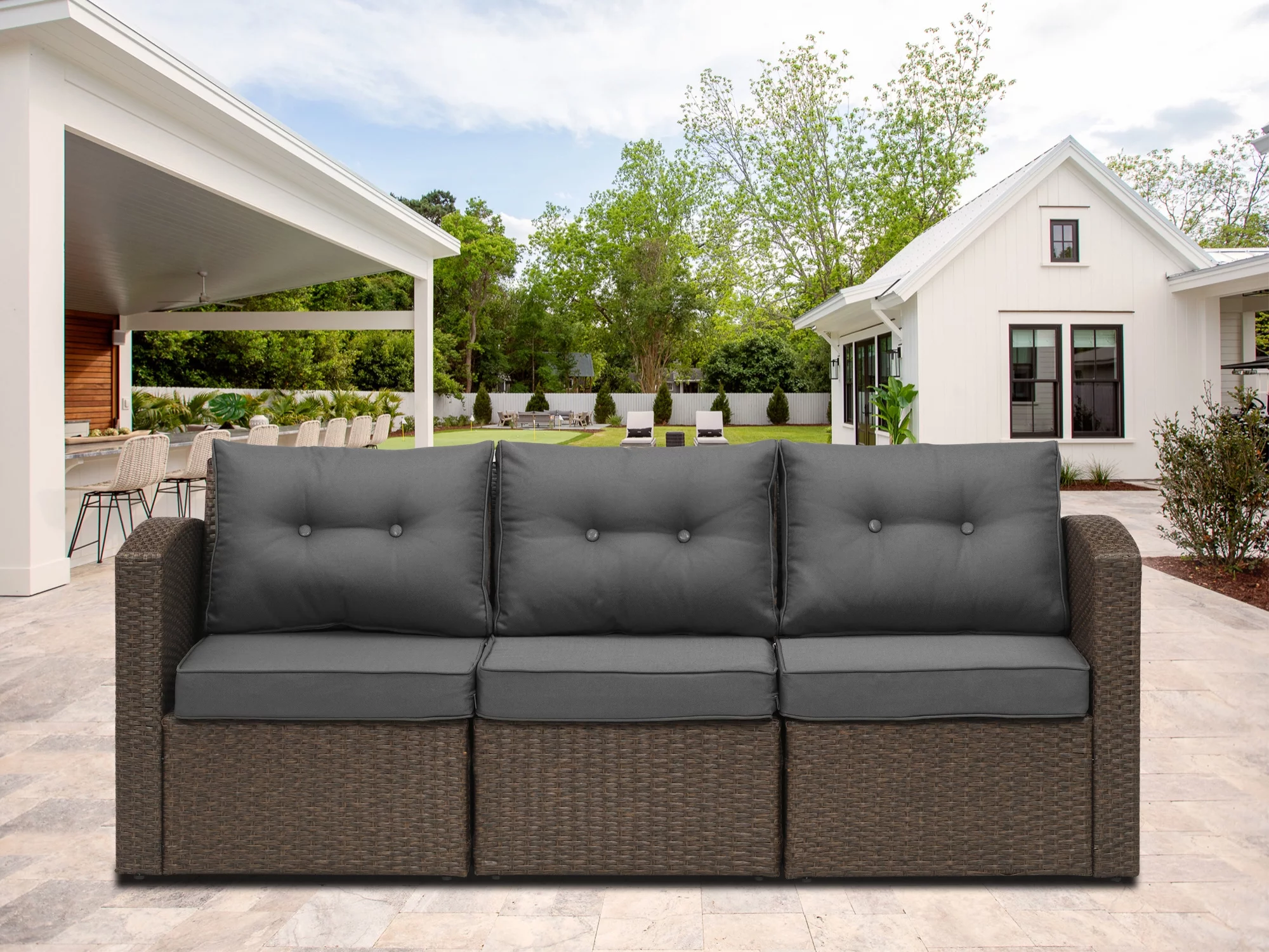 Superjoe Patio Furniture Wicker Sofa 3 Seats Aluminum Frame Outdoor Couch with Brown Rattan Dark,Grey Thick Cushions