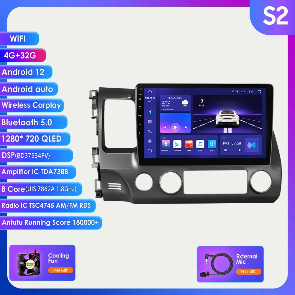 For Honda Civic 2006 2007 2008 2009 2010 2011 Wireless Carplay Android 12 Wifi 4+32GB Car Stereo Radio Head Unit GPS Navigation Player