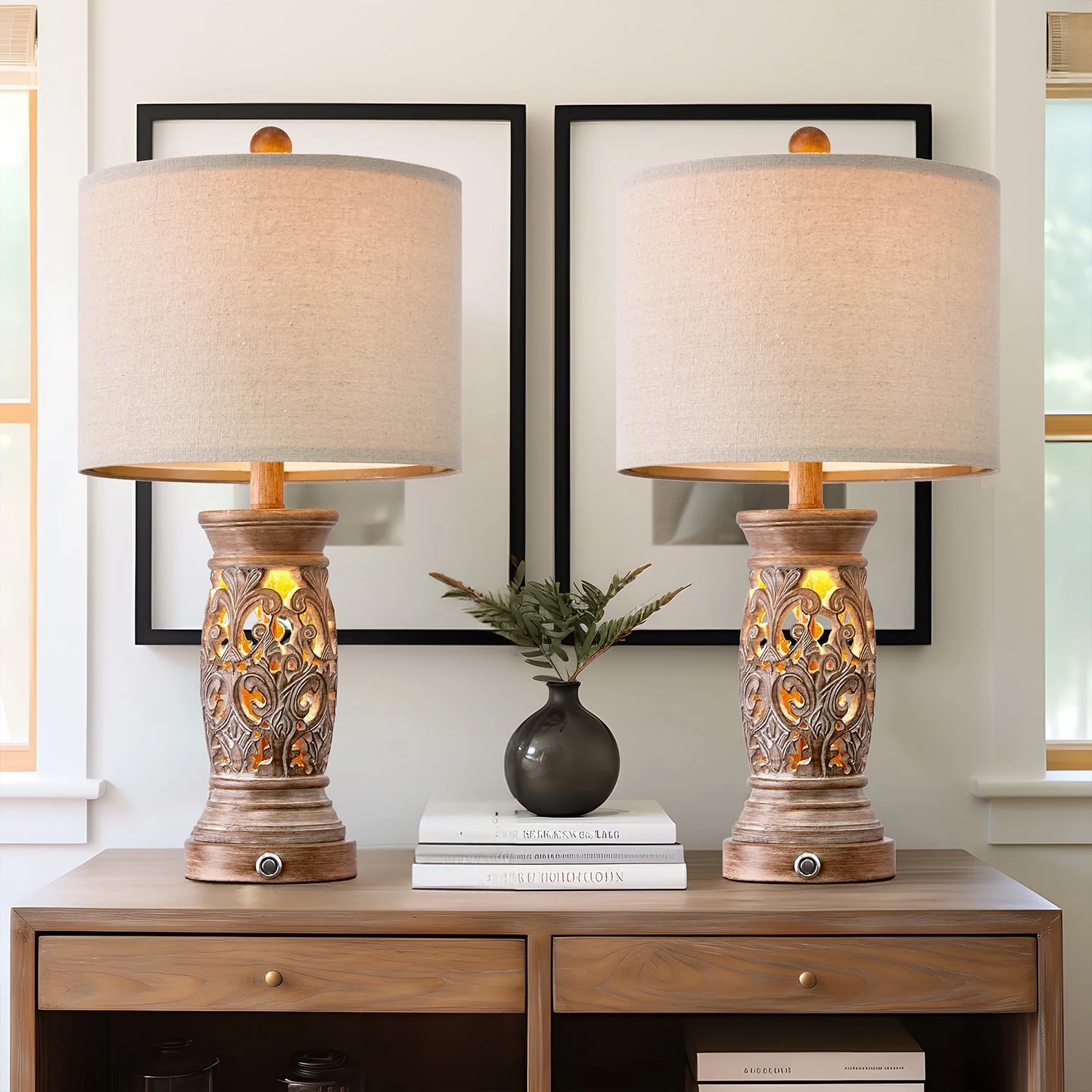 Oneach 3 Way Dimmable Resin Table Lamp Set of 2 with USB Ports for Living Room Bedroom 21.75