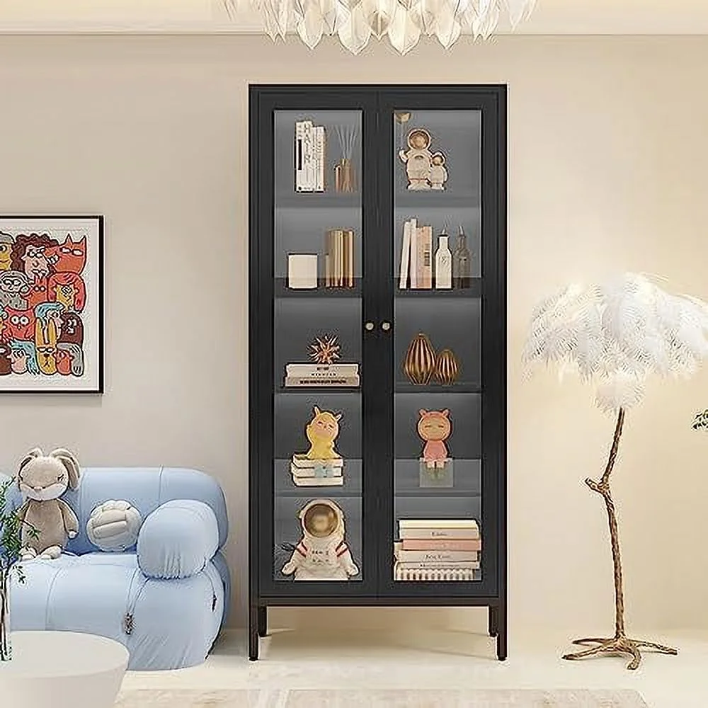 GVJMTKP Metal  Cabinet  Black Display Curio Glass  Cabinet with Glass Doors and 4 Shelves  Tall Glass Bookcase Cabinet Modern Bookshelf Cabinet for Home Office  Living Room  Pantry