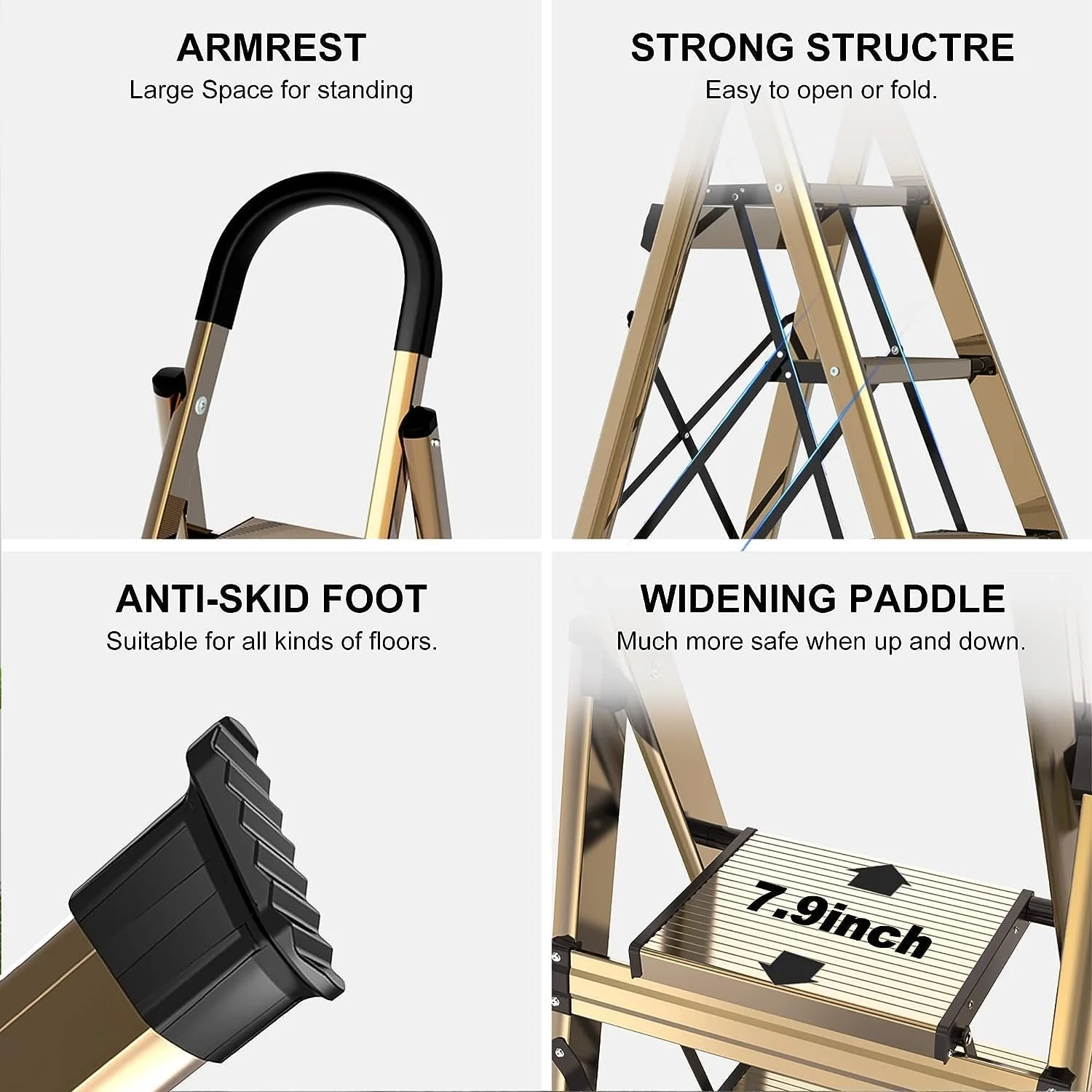 OUWI 6 Step Ladder, Aluminum Folding Step Stool with Anti-Slip Sturdy and Wide Pedal, Portable Lightweight Stepladder with Convenient Handgrip for Home, Office, Kitchen Use Light Gold, 330 lbs