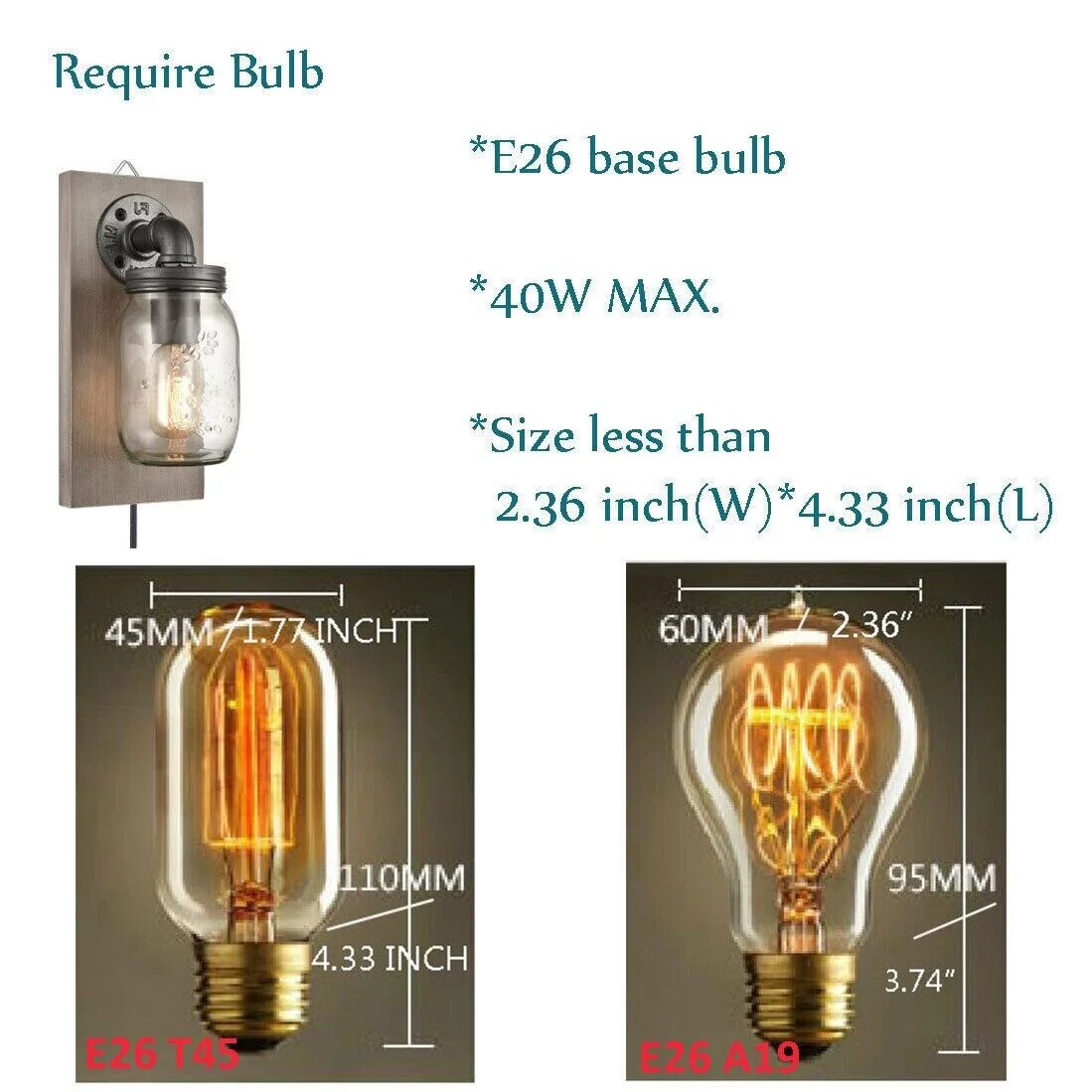 Farmhouse Mason Jar Wall Sconces Set of 2 Hanging Plug-in Wall Light
