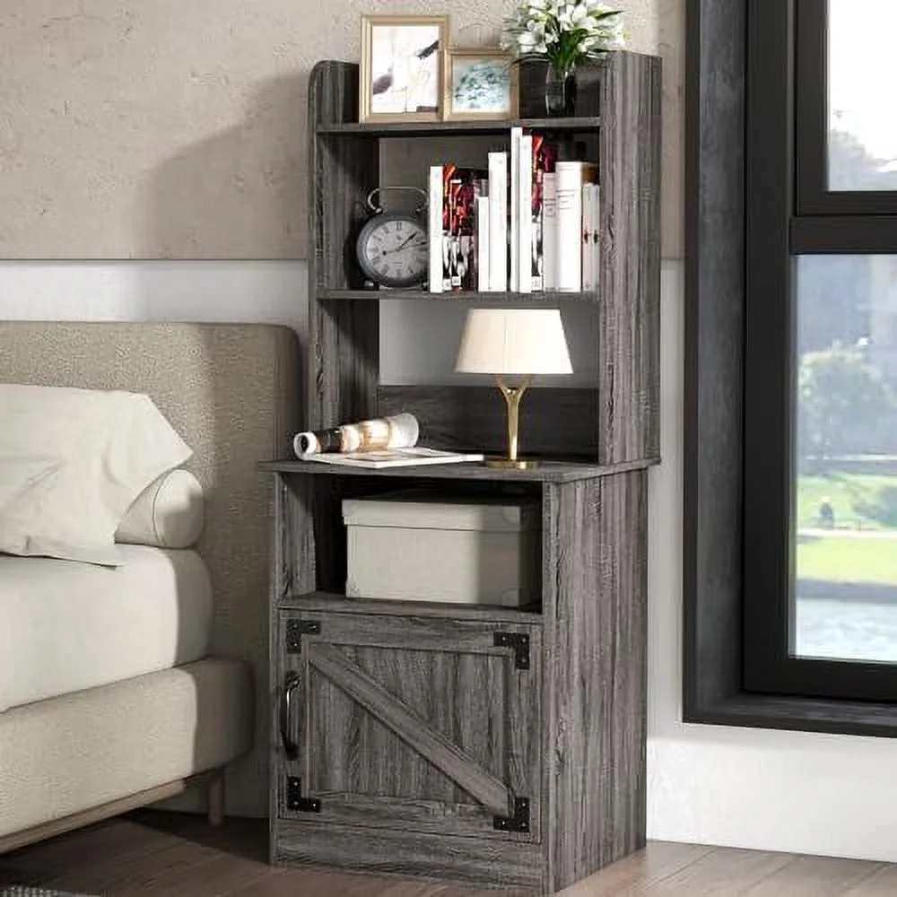 JDZHAPPYLIFE Tall Nightstand   Night Stands with Bookshelf & Charging Station  USB Ports & 3-Level Adjustable Open Bookshelf  Side End Table w/ for Home  Office  Light Grey