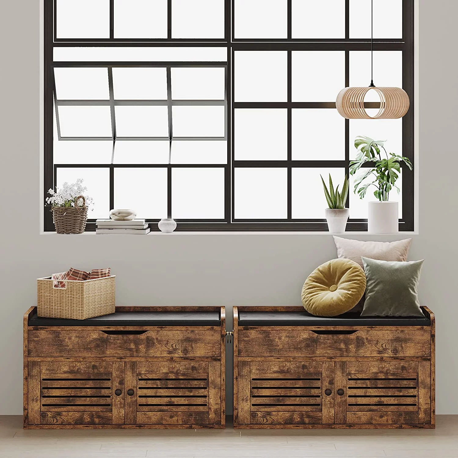 IRONCK Shoe Bench,6 Pairs Entryway Storage Bench with Door, 2-Tier Shoe Rack Organizer, Industrial, Vintage Brown